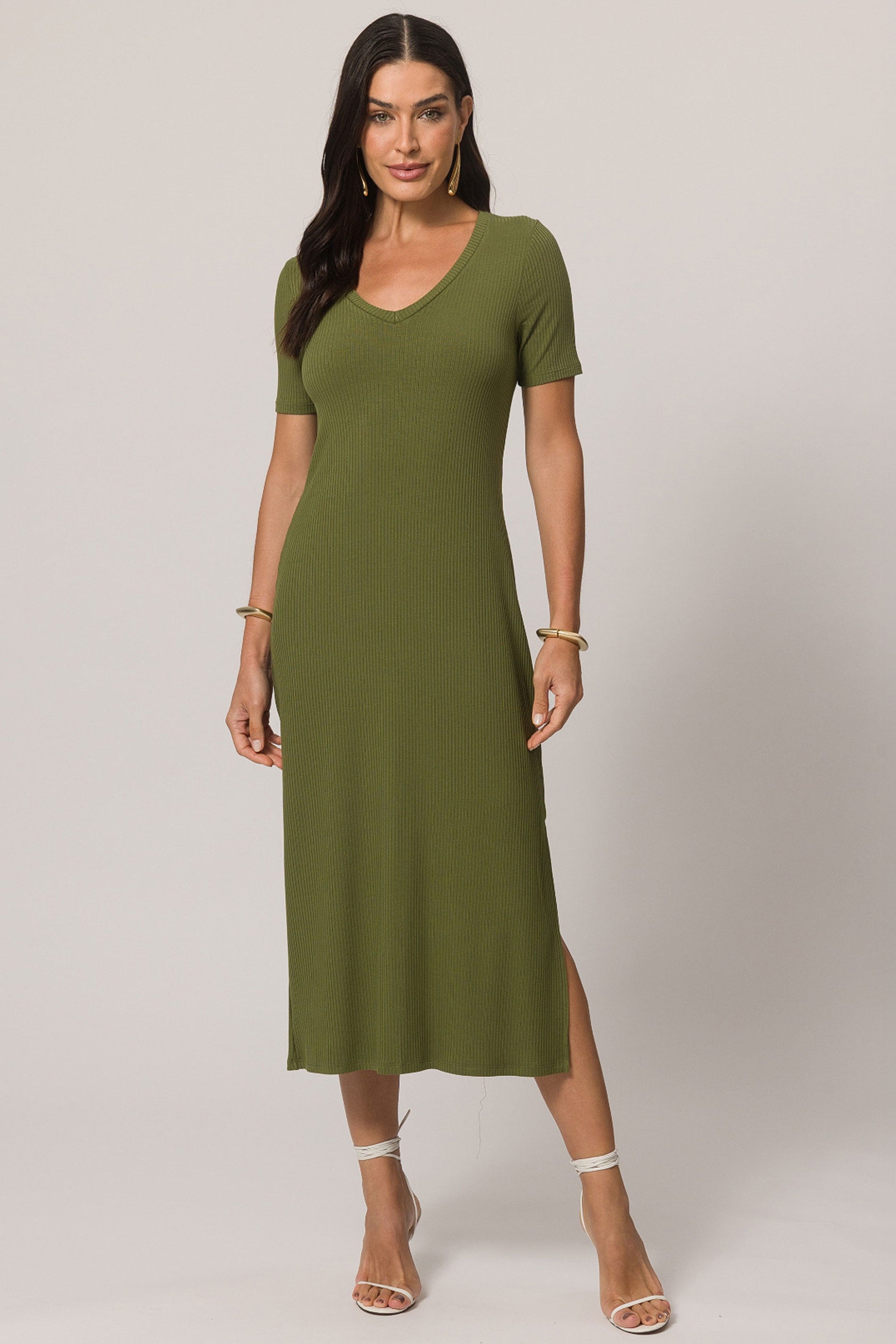 Vestido Midi de Manga Curta em Ribana com Decote V