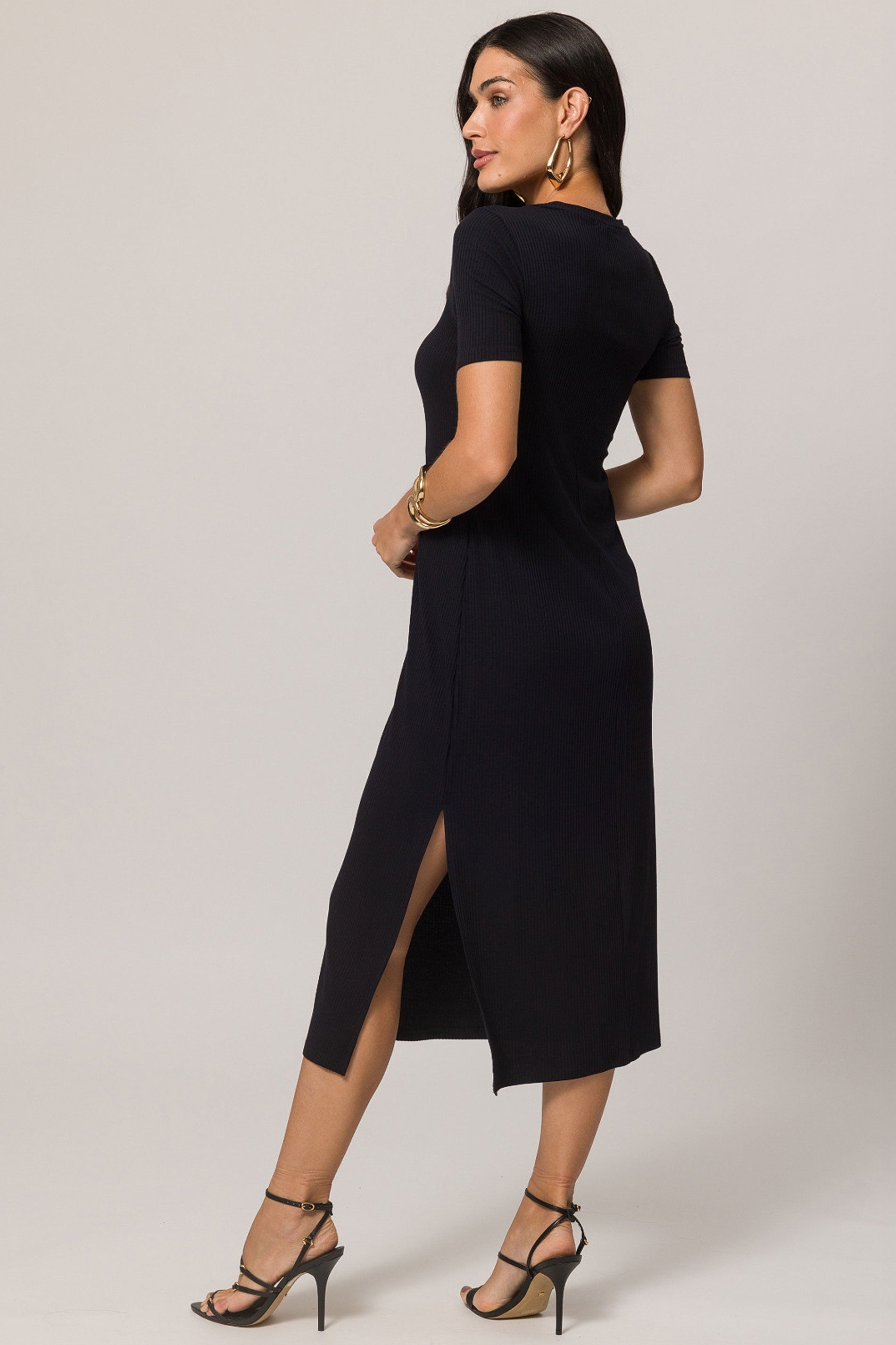 Vestido Midi de Manga Curta em Ribana com Decote V