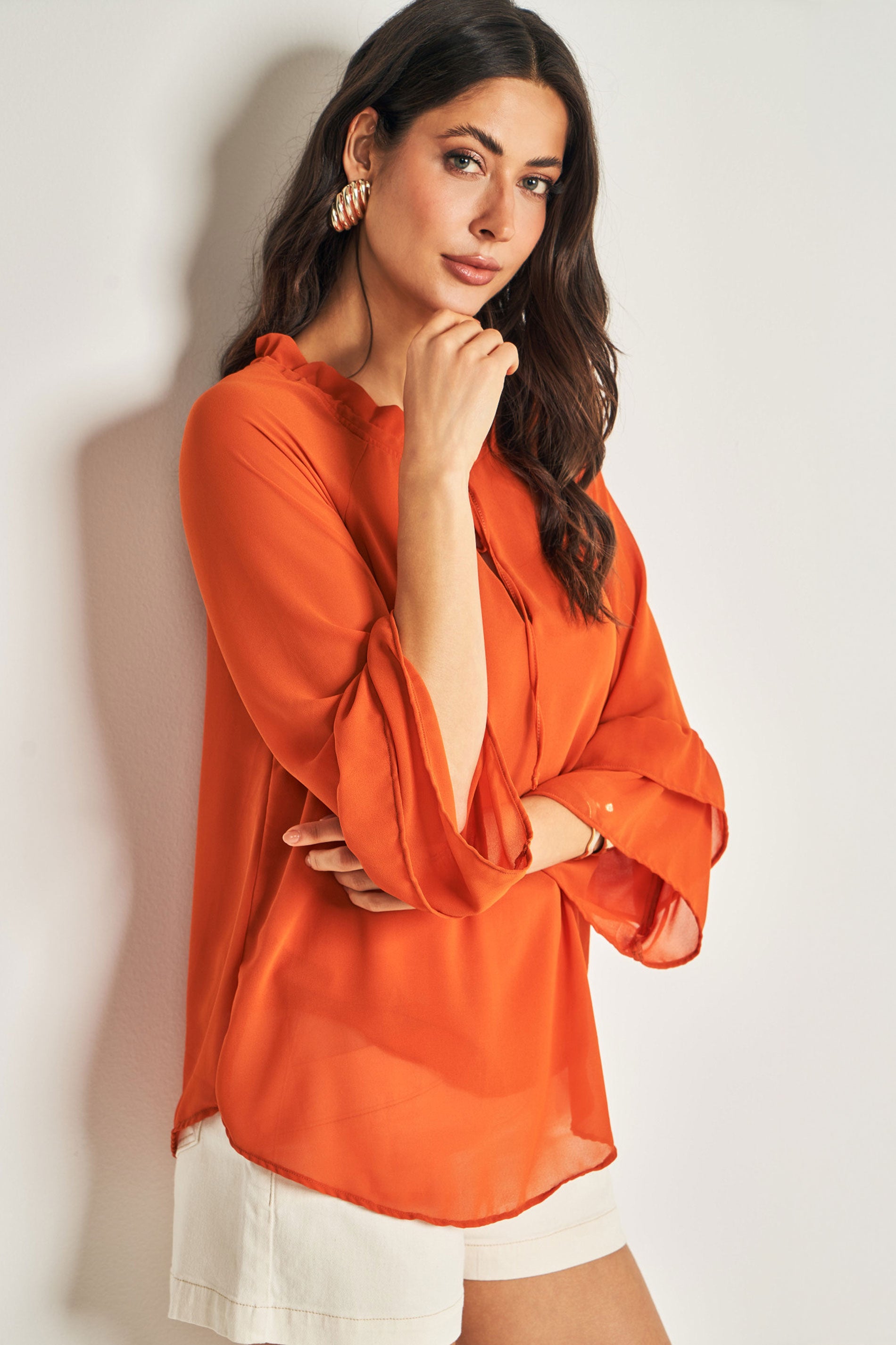 Blusa de Manga 7/8 em Chiffon Soft com Amarração Frontal