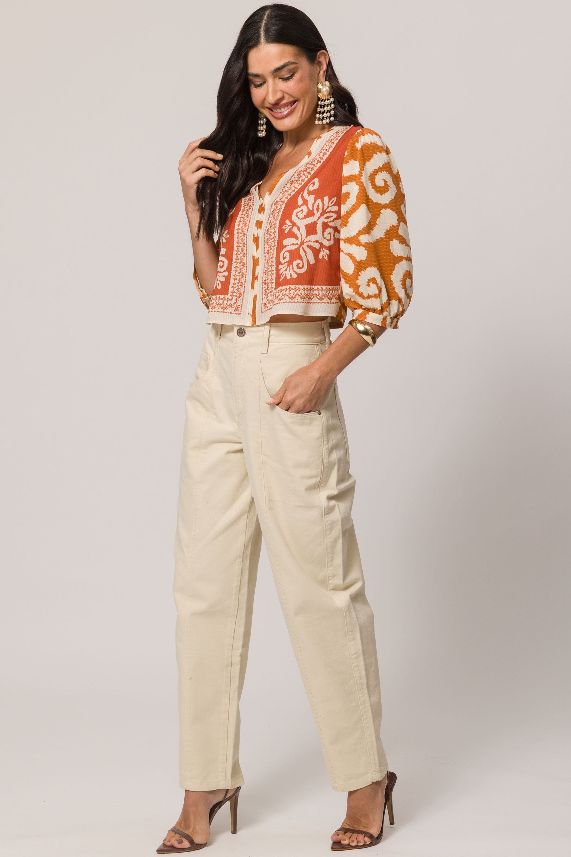 Blusa de Manga 3/4 em Plano Crepe Stripe e Malha Cloé