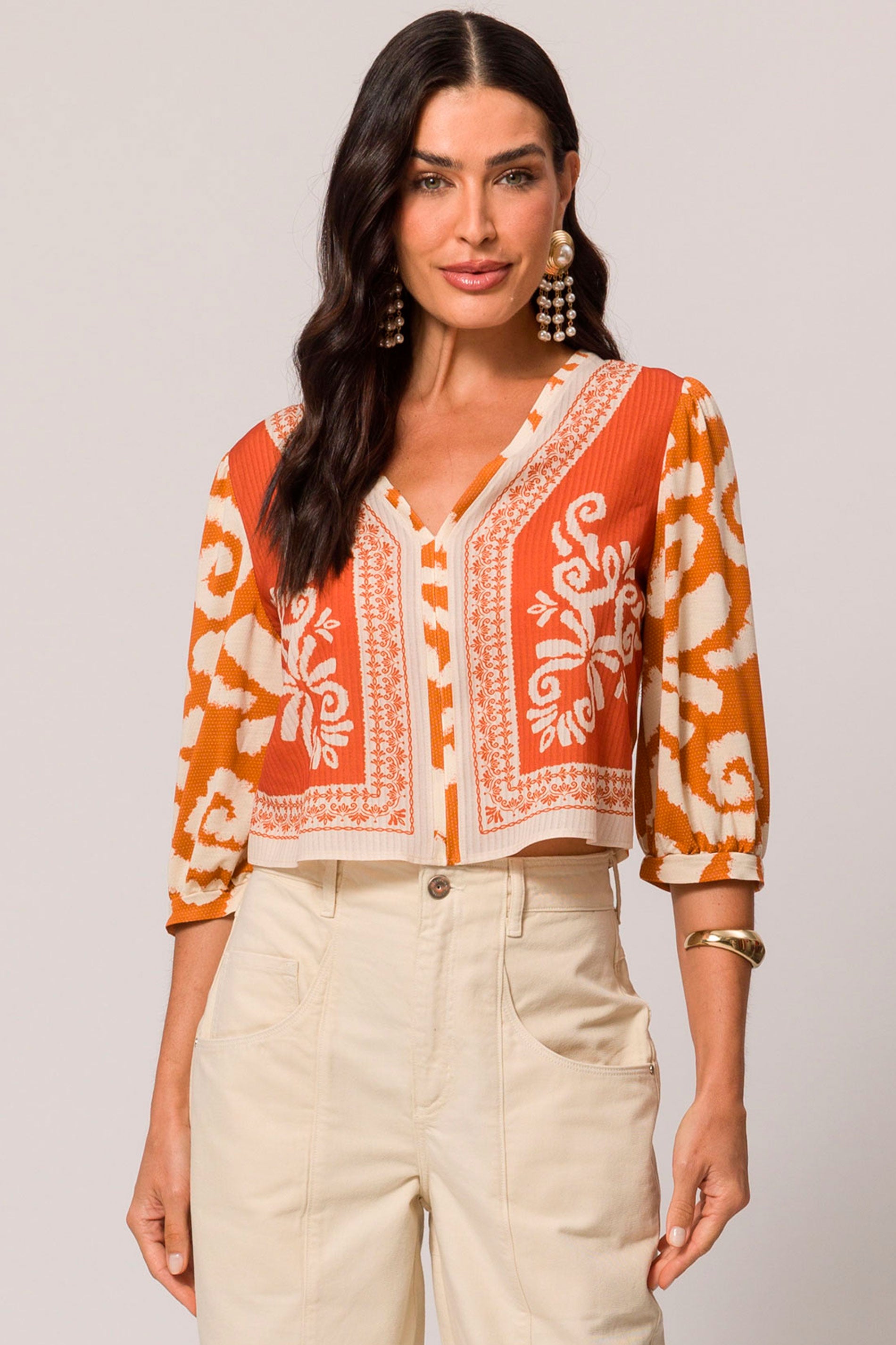 Blusa de Manga 3/4 em Plano Crepe Stripe e Malha Cloé