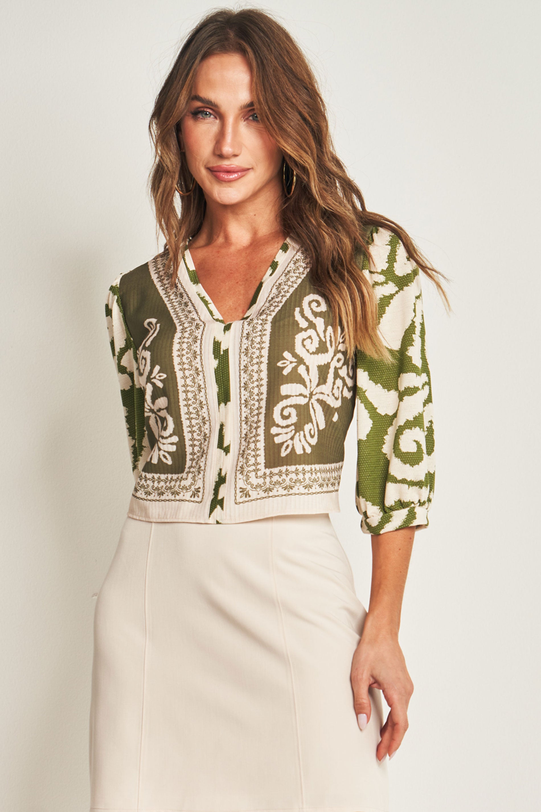 Blusa de Manga 3/4 em Plano Crepe Stripe e Malha Cloé