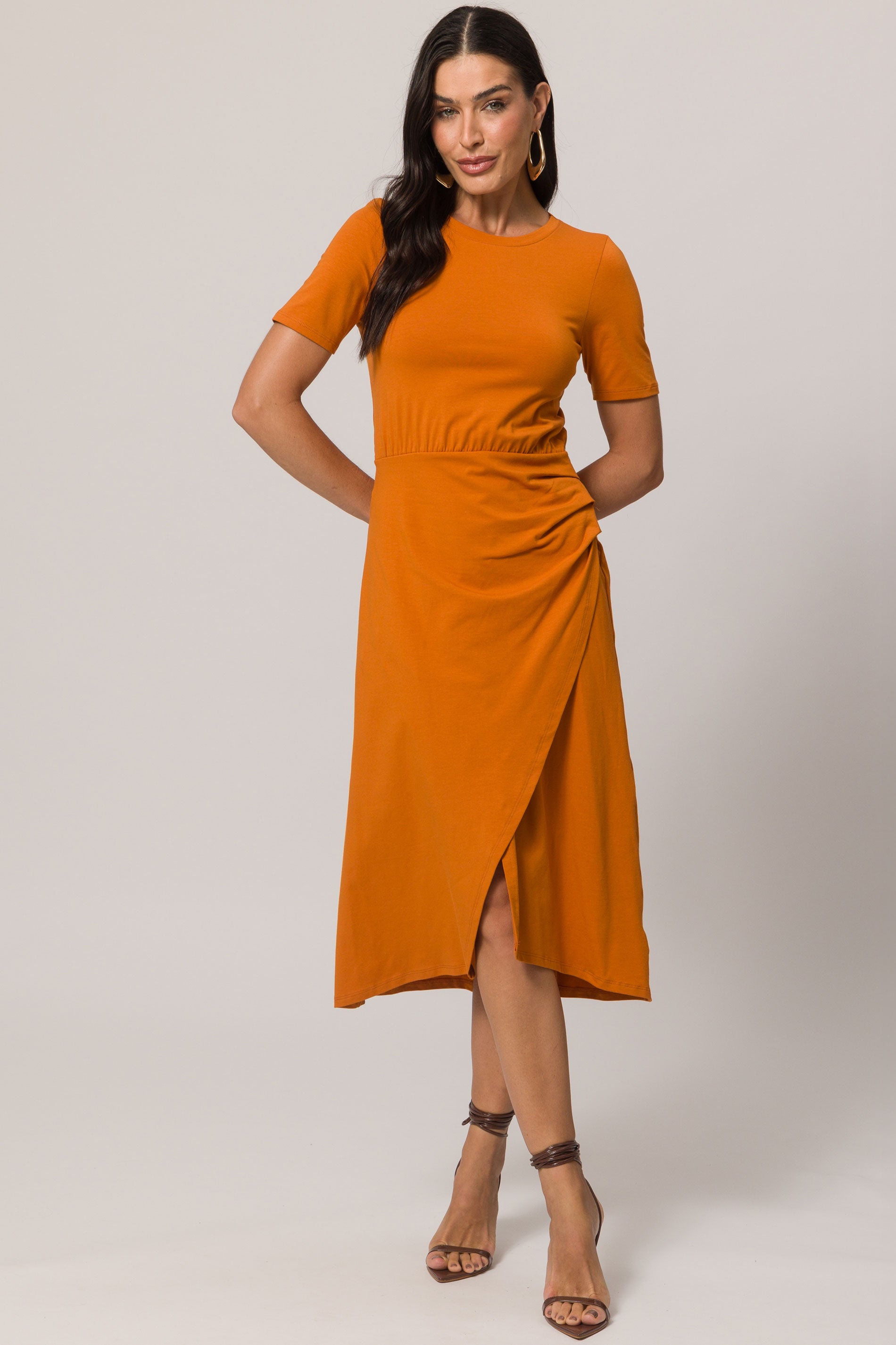 Vestido Midi de Manga Curta em Malha de Algodão com Elastano