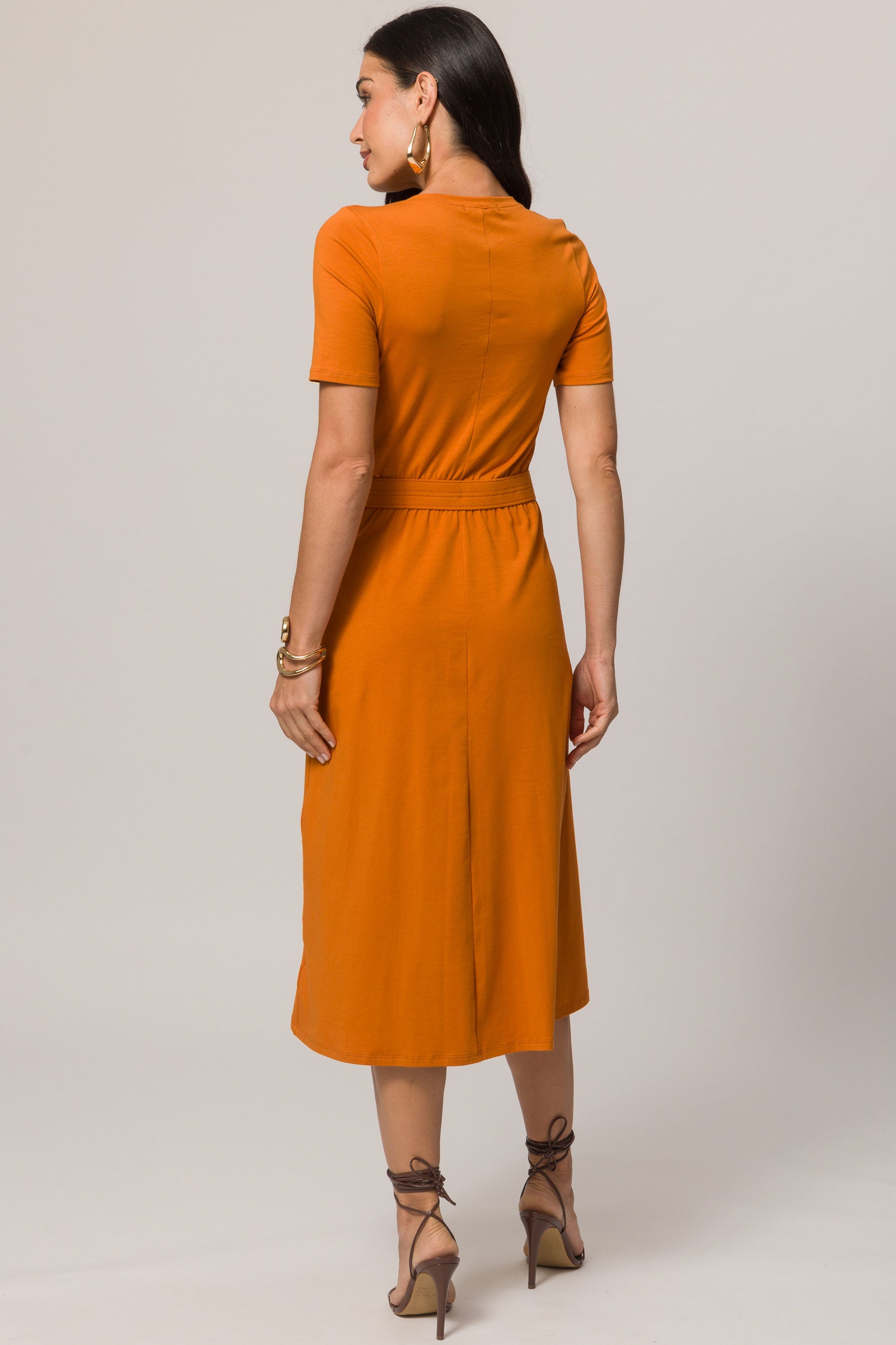 Vestido Midi de Manga Curta em Malha de Algodão com Elastano