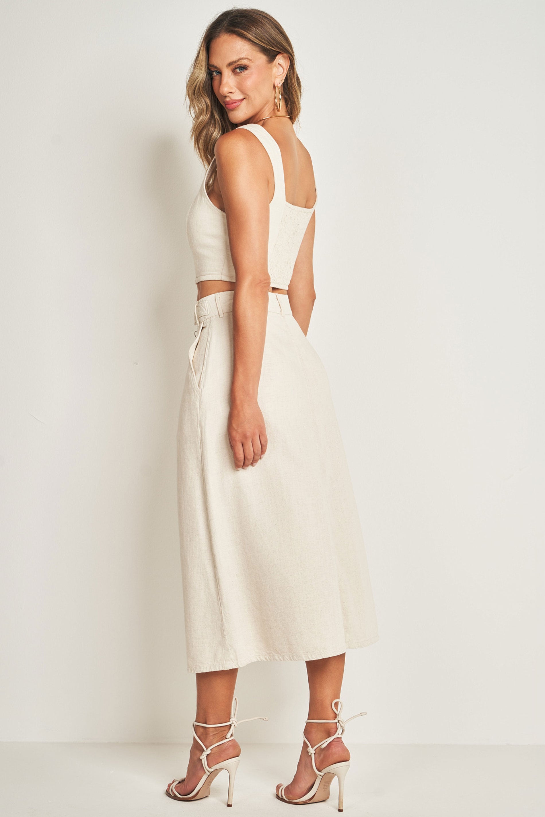 Saia Midi em Sarja Linho com Regulador