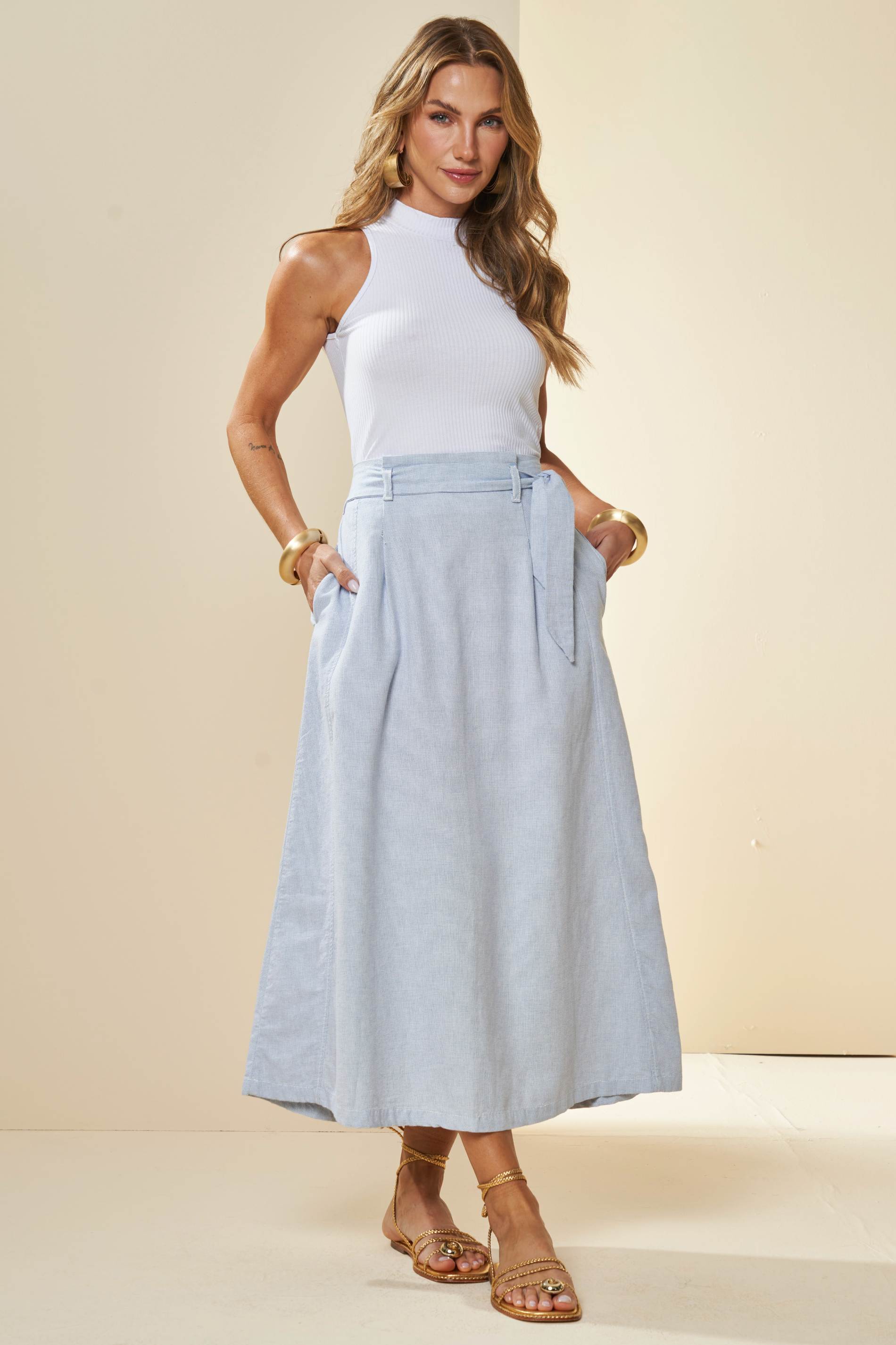 Saia Midi Veraneio em Sarja com Textura