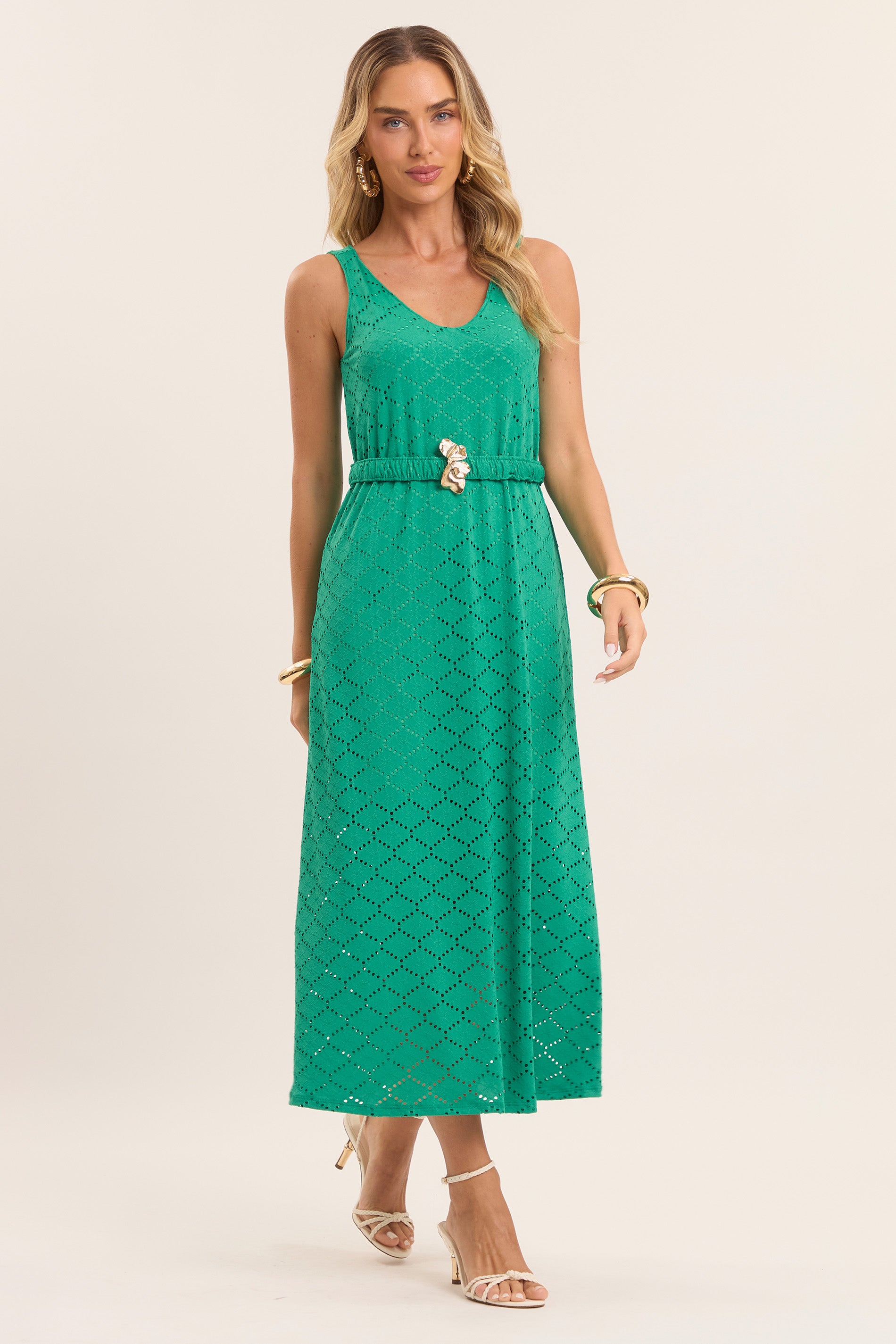 Vestido Longo Rendado Nature com Decote V e Cinto