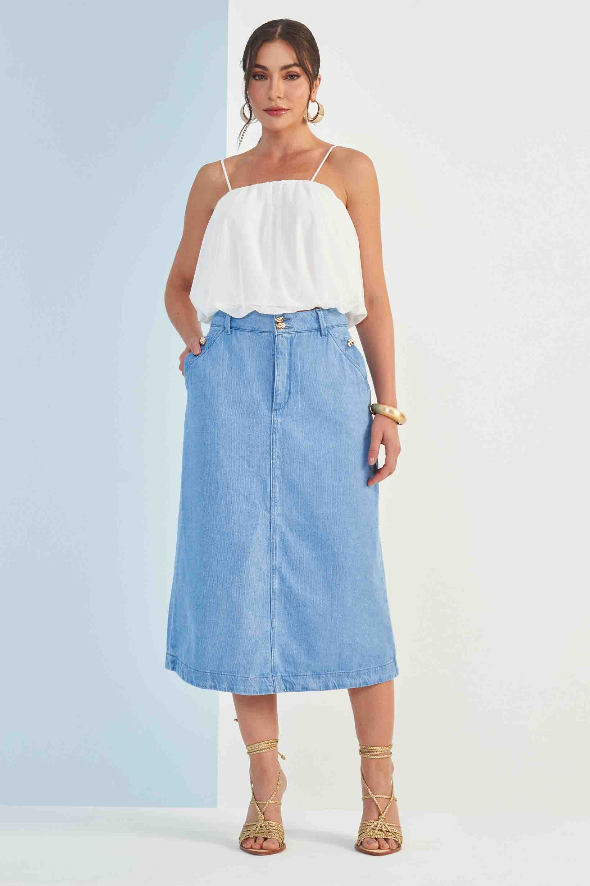 Saia Midi Brisamar em Jeans com Recorte Central