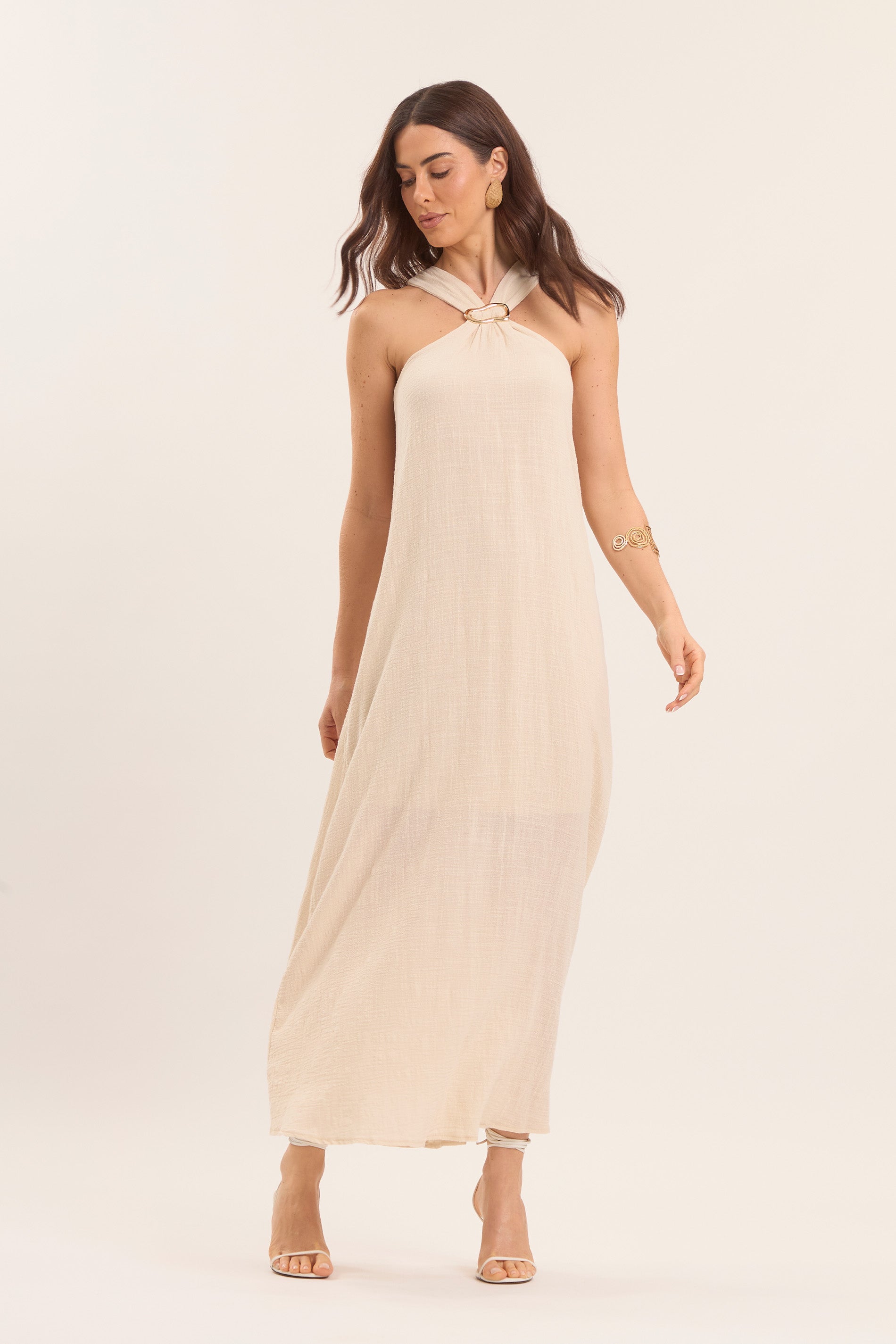 Vestido Longo Oliva com Detalhe Metal Dourado