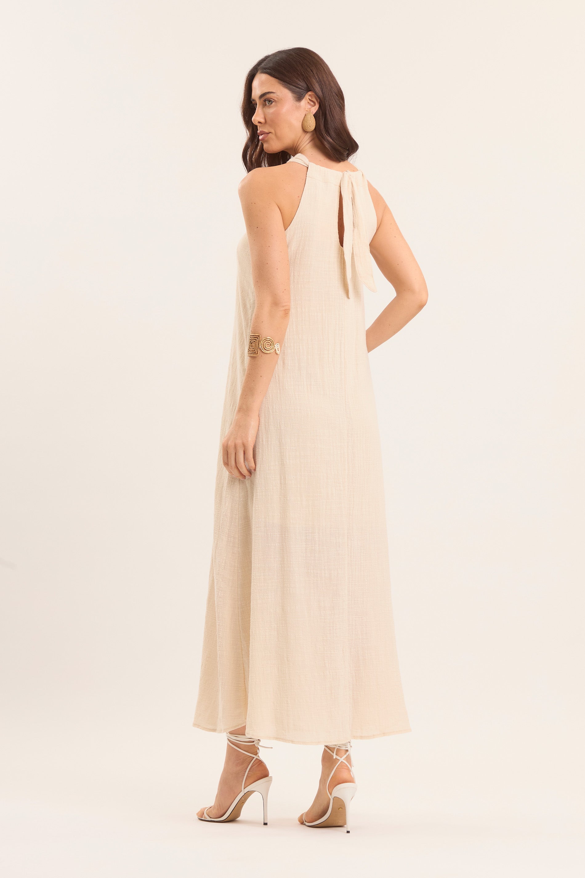 Vestido Longo Oliva com Detalhe Metal Dourado