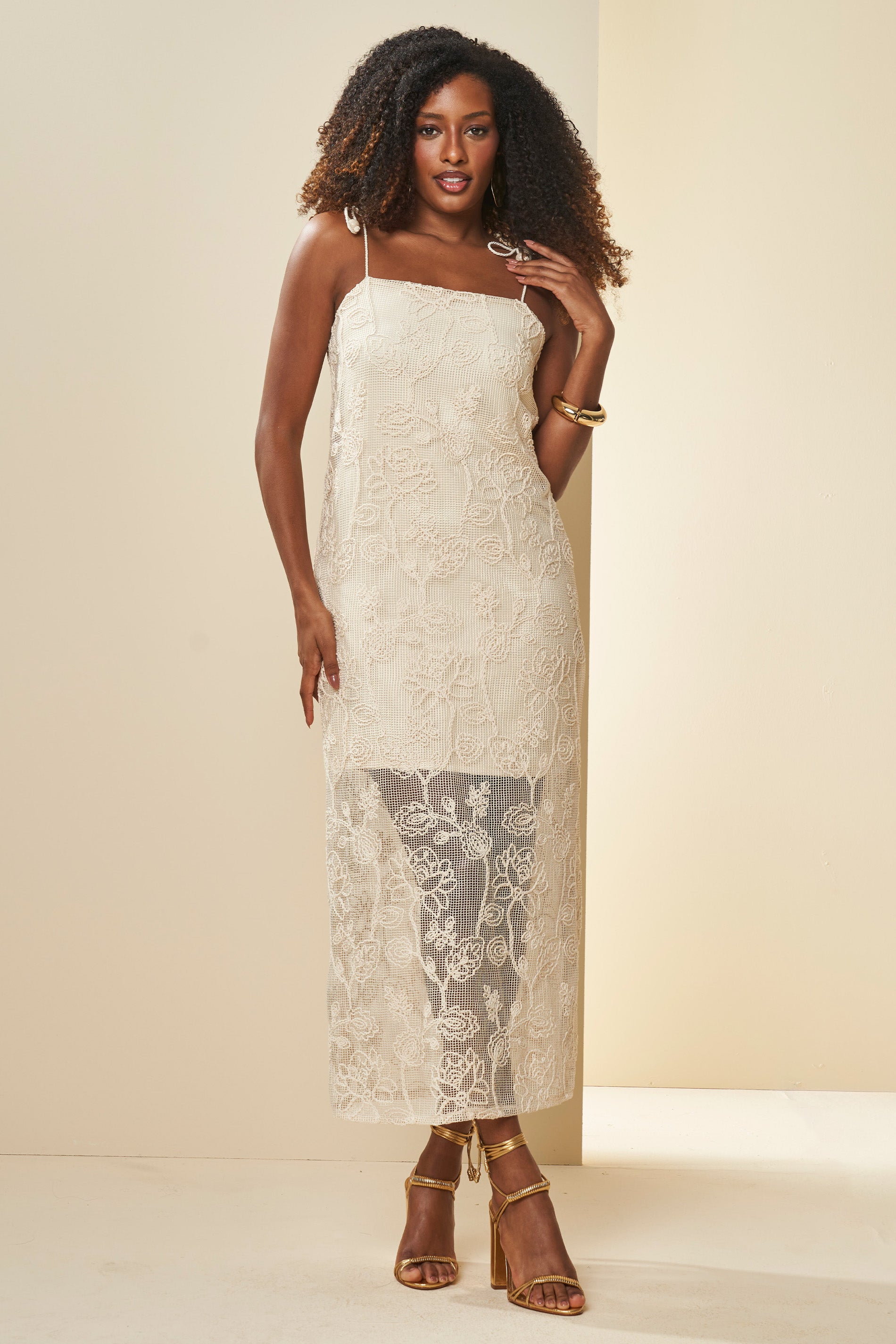 Vestido Midi Celebration em Laise e Tela Bordada