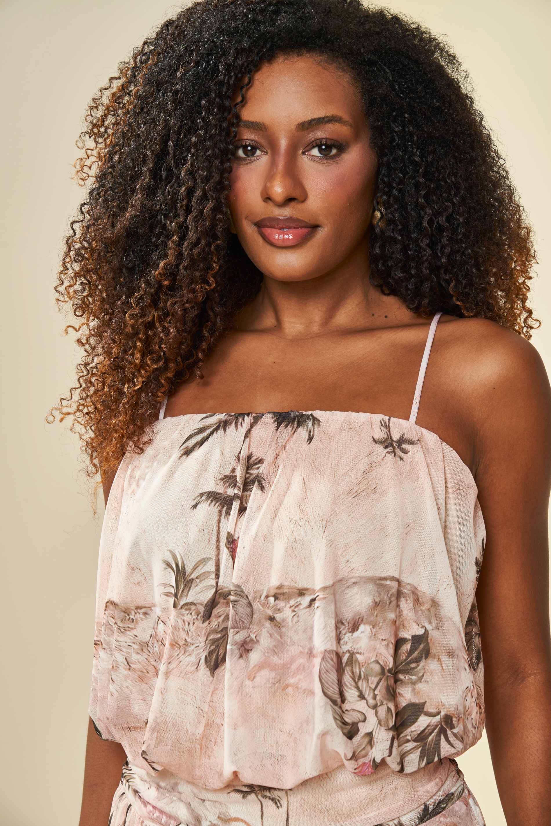 Blusa Top de Alça Brisa em Tule Estampada