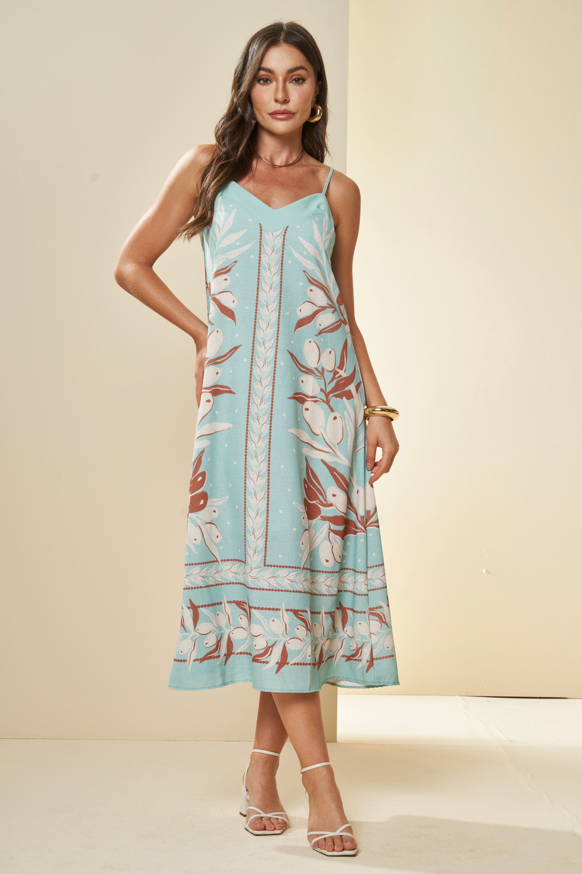 Vestido Midi Oliva de Alça Fina