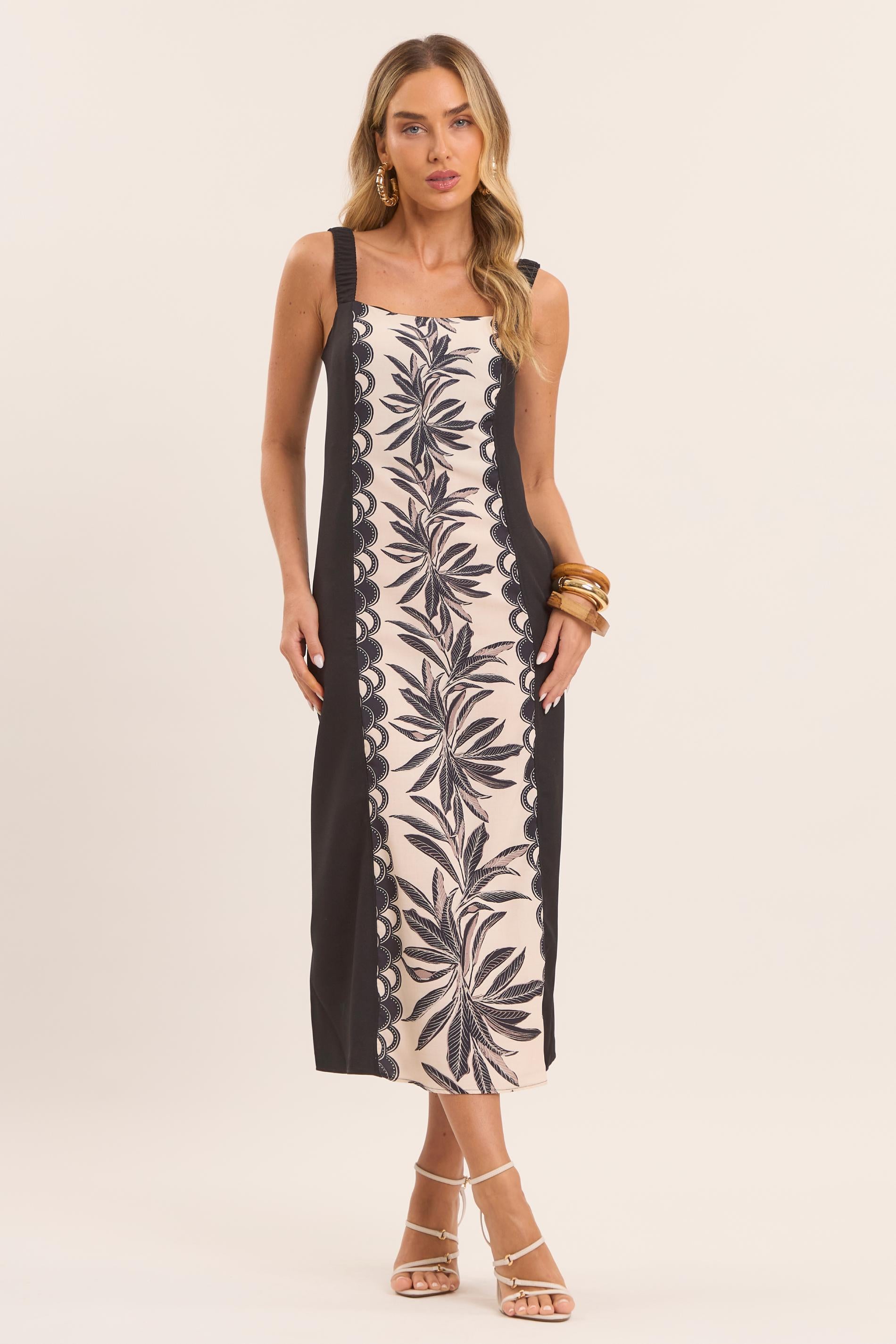 Vestido Midi Tropical de Alça Estampado