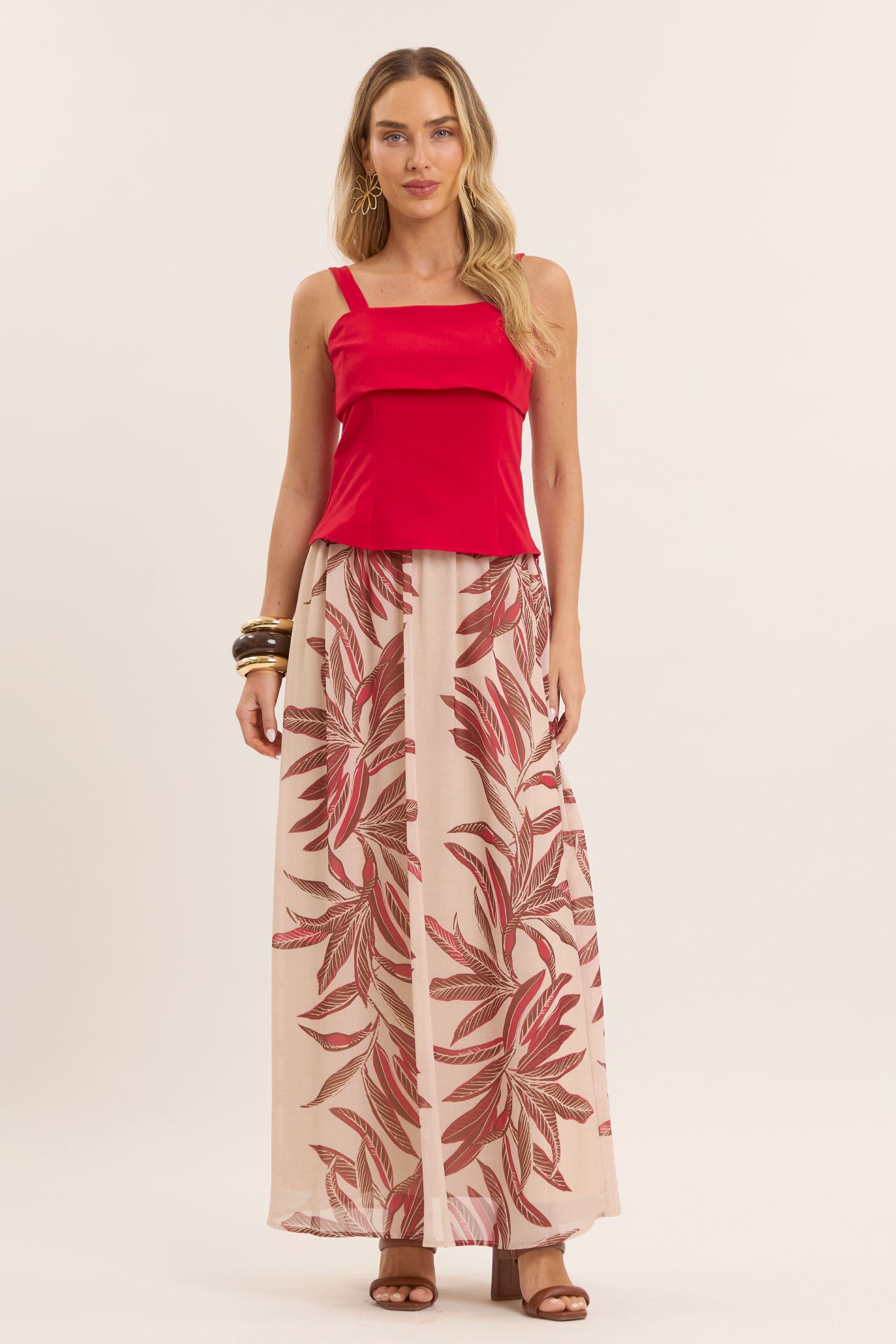 Blusa de Alça Tropical em Alfaiataria