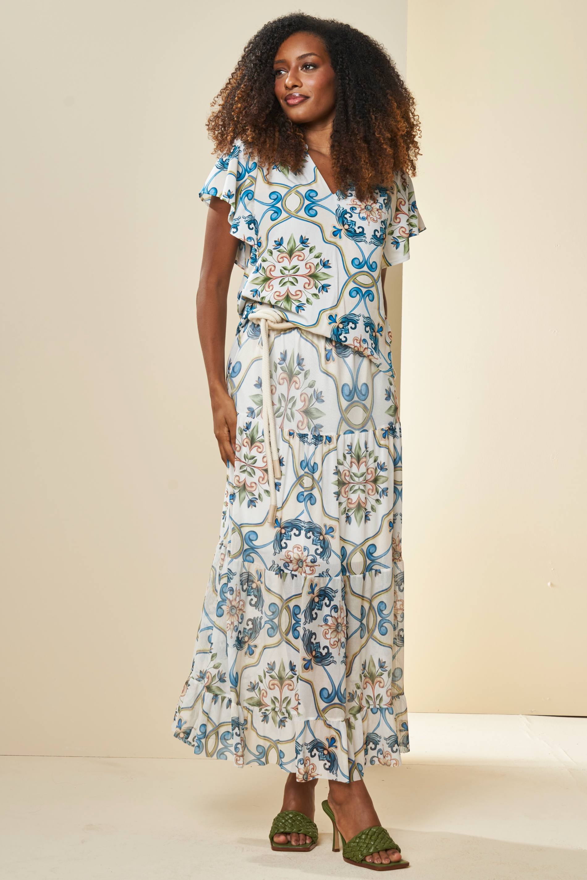 Saia Longa Tropical Estampada com Babados