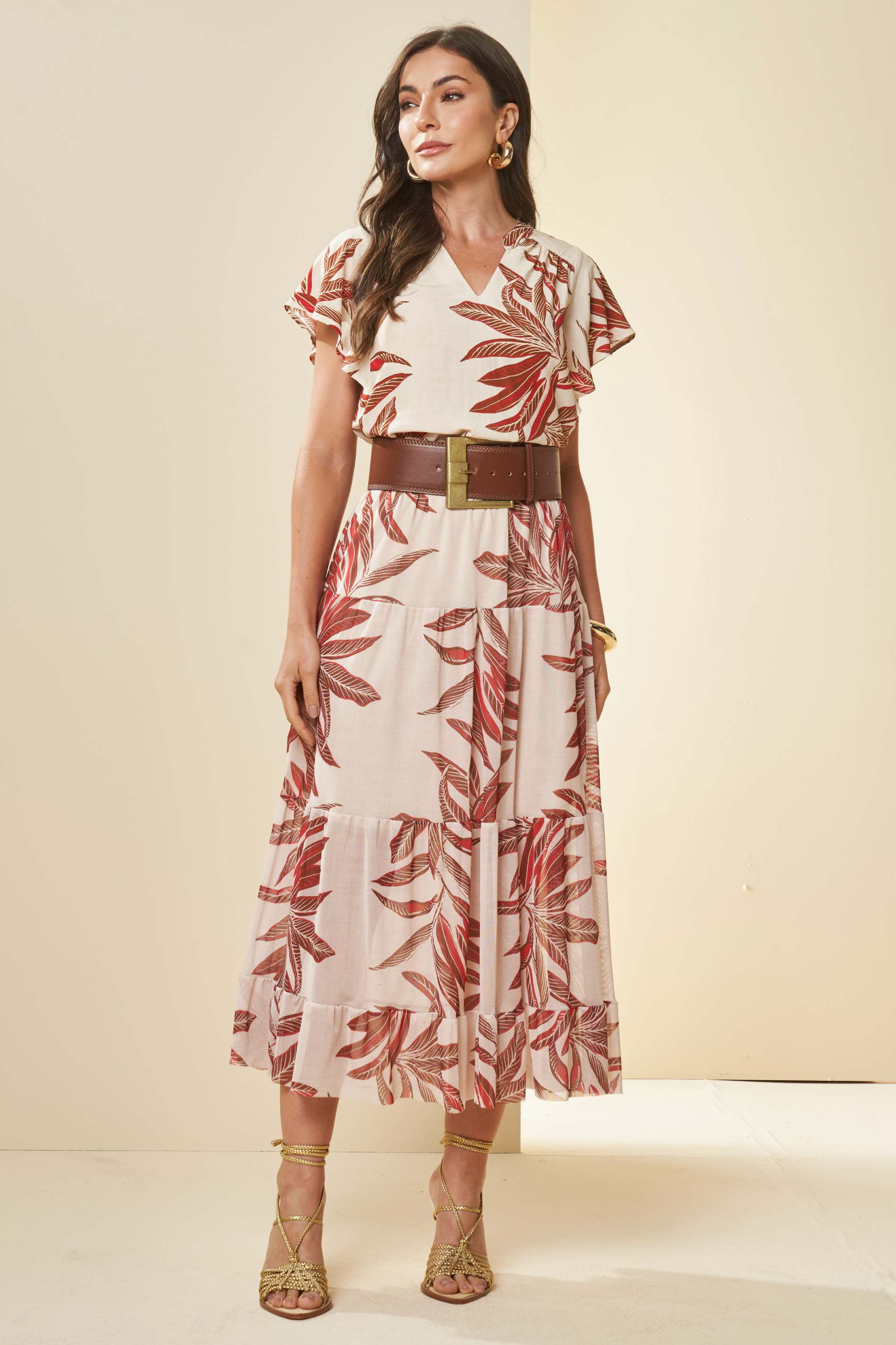 Saia Longa Tropical Estampada com Babados