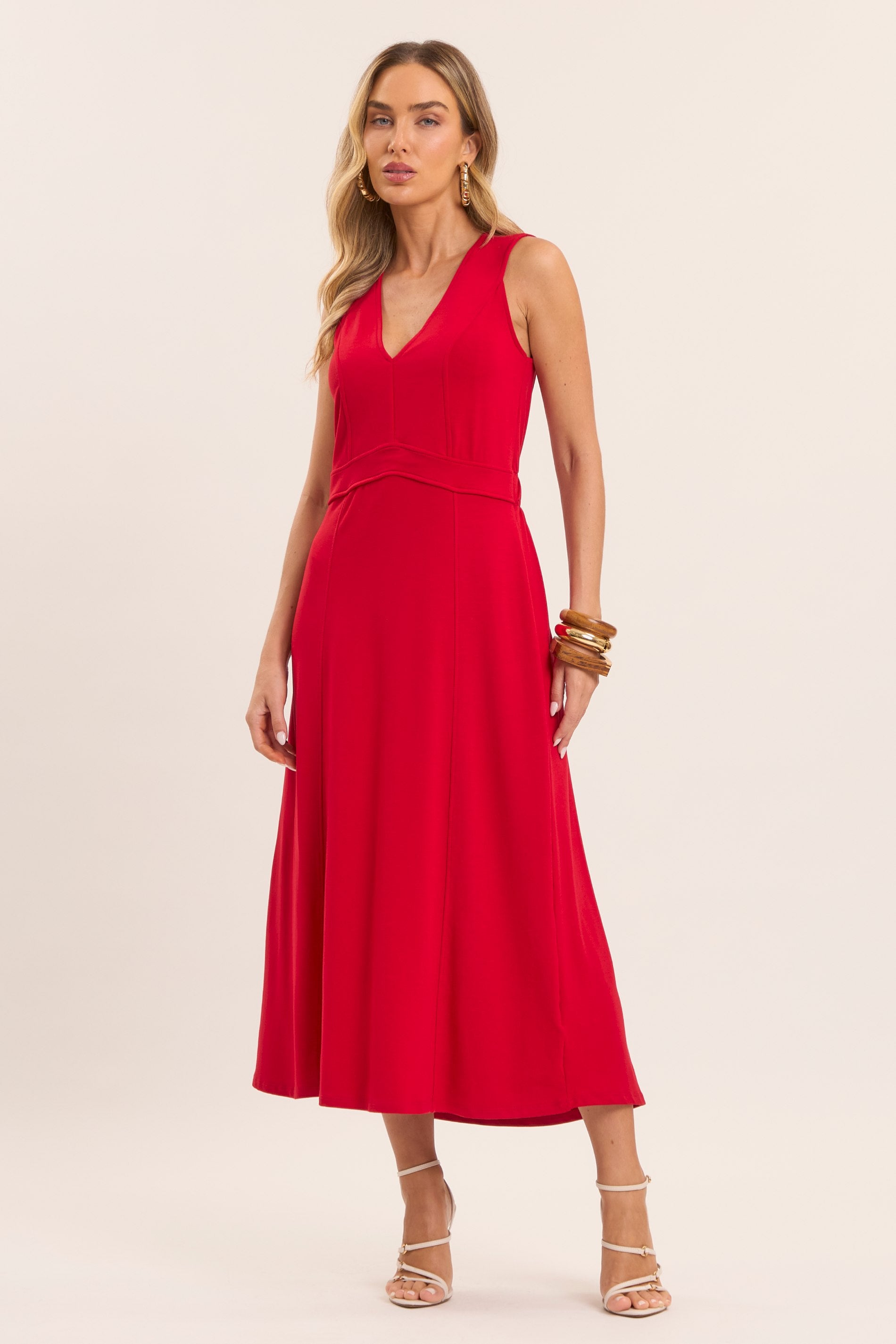 Vestido Midi Tropical com Decote V e Recorte na Cintura