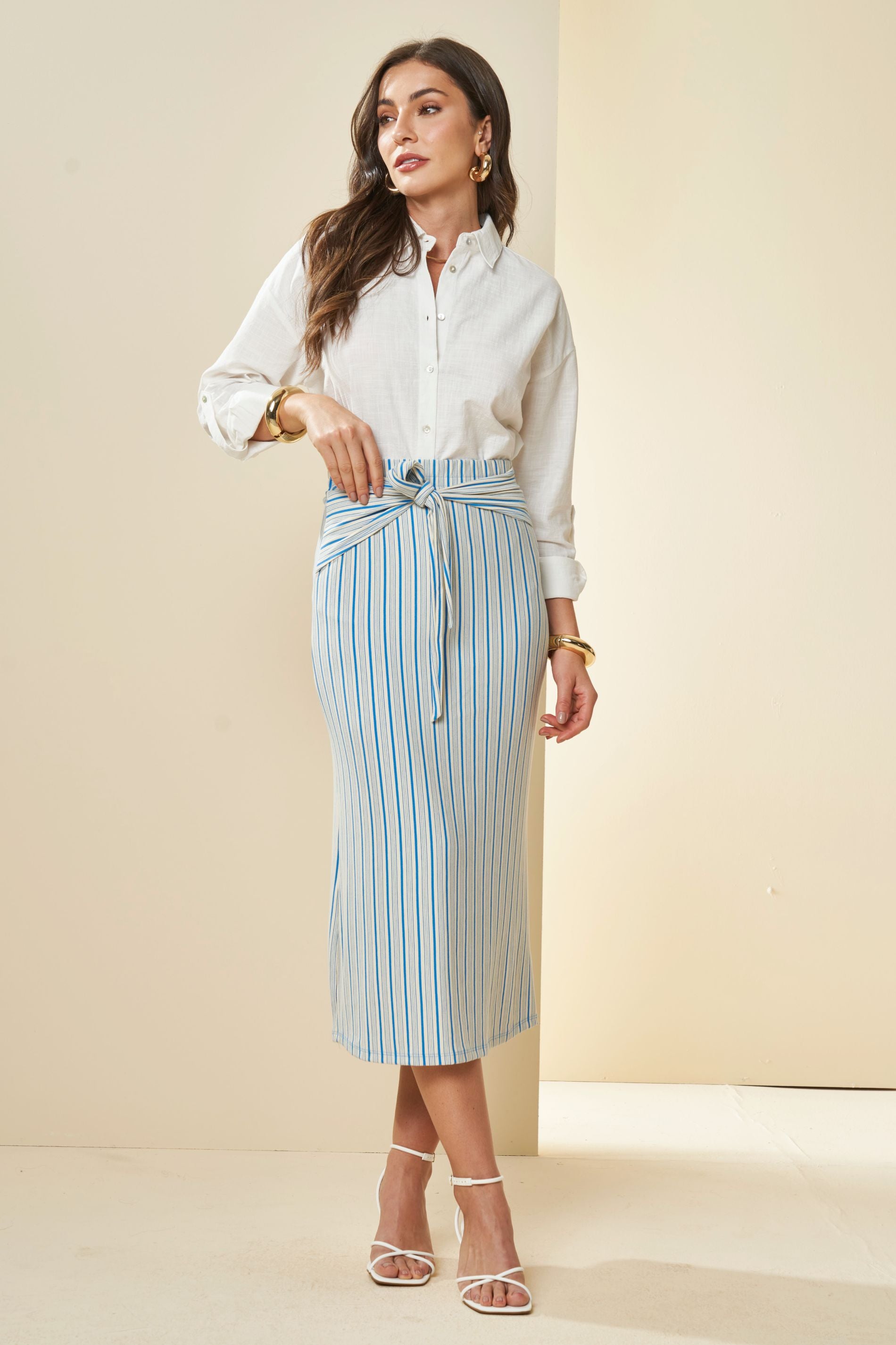 Saia Midi Listrada Brisamar com Amarração Laço