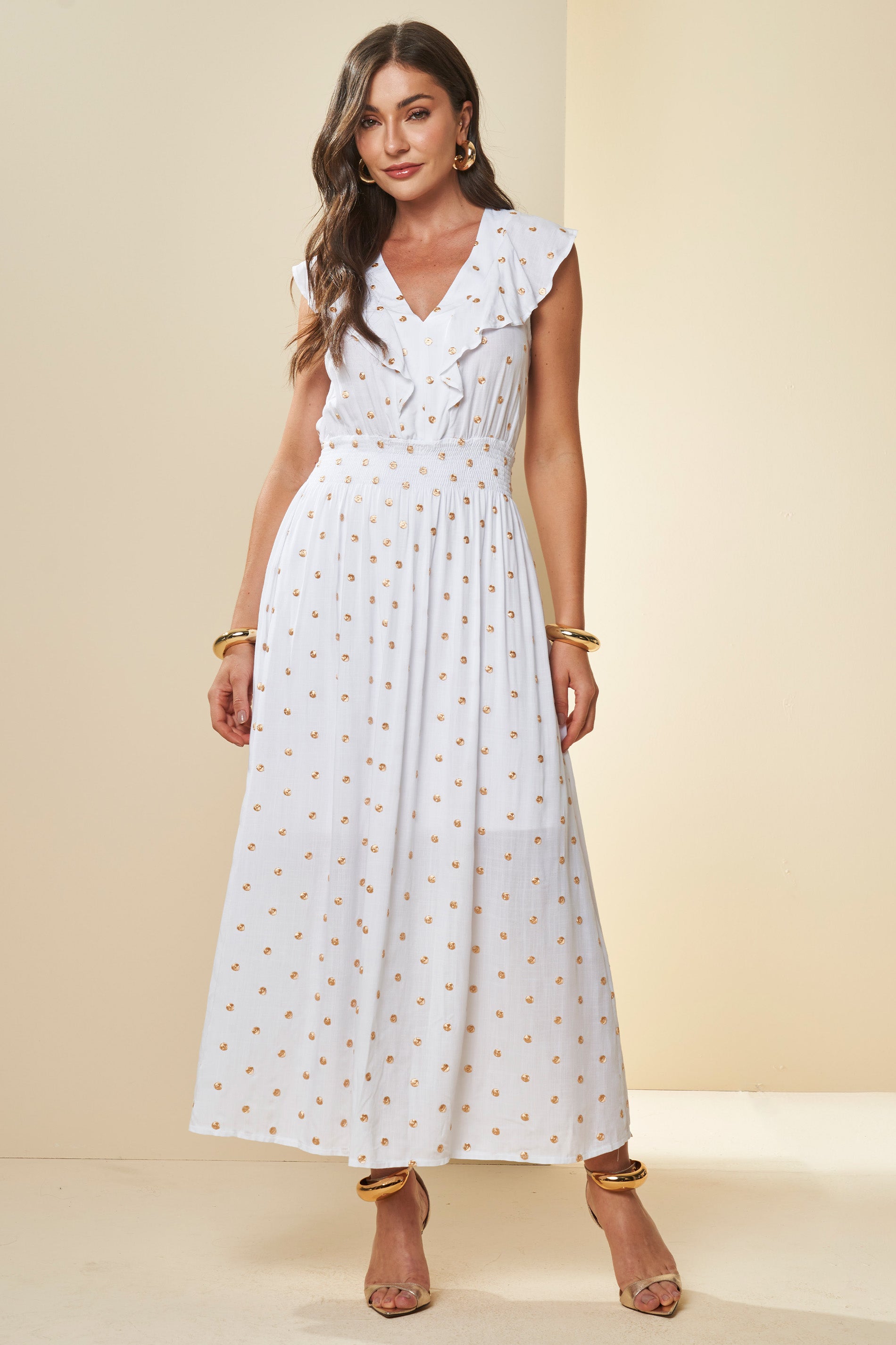 Vestido Longo Celebration com Estampa de Poá Dourado