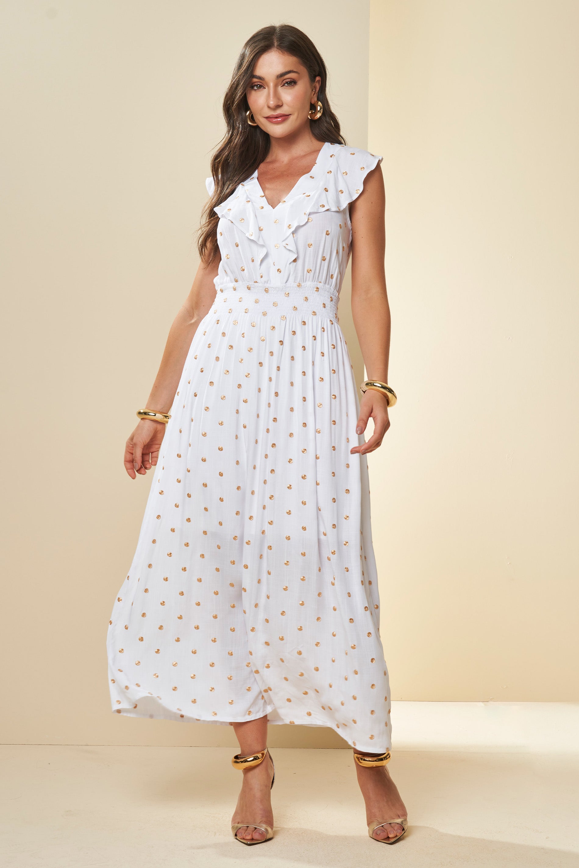 Vestido Longo Celebration com Estampa de Poá Dourado