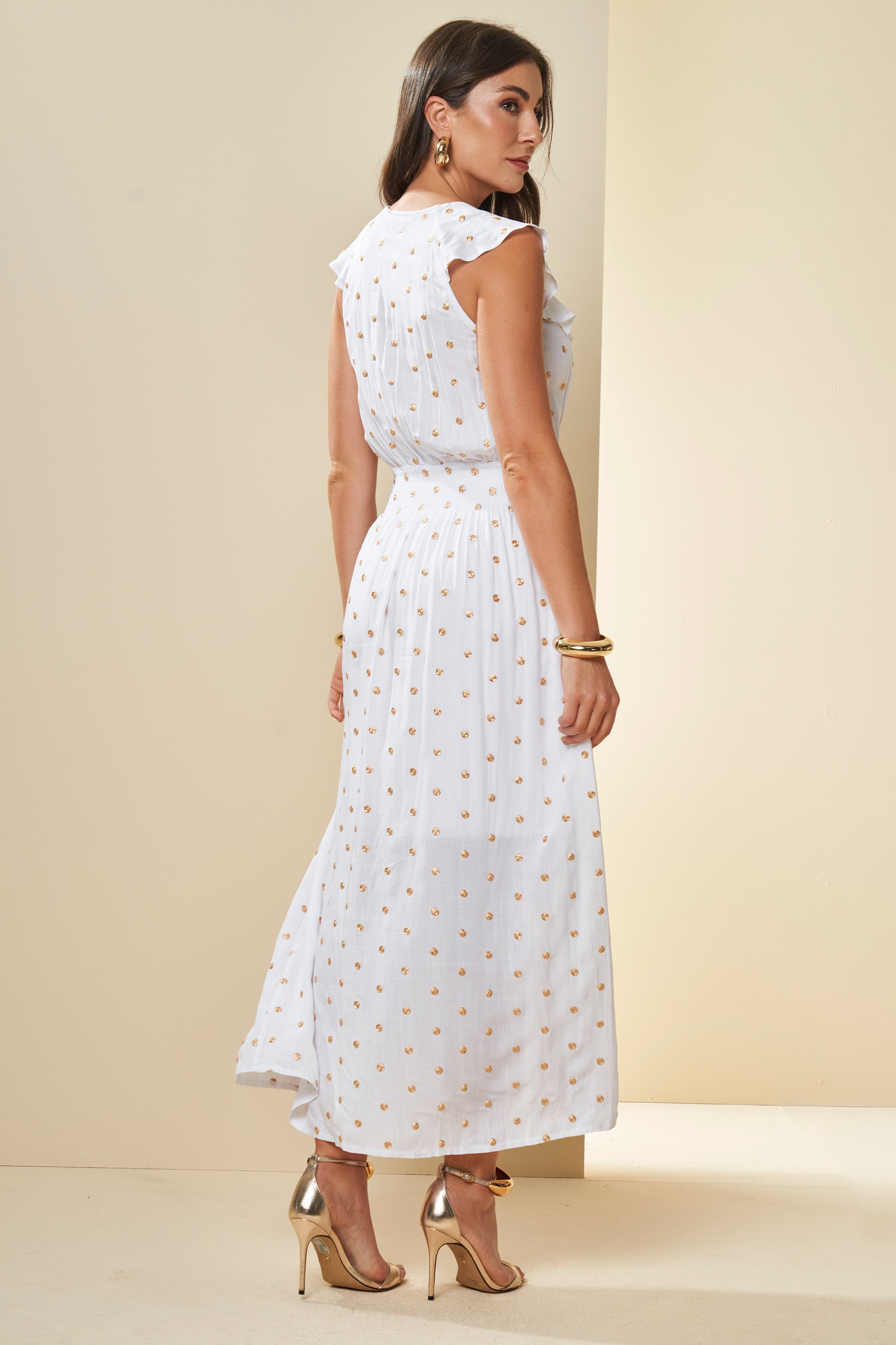 Vestido Longo Celebration com Estampa de Poá Dourado