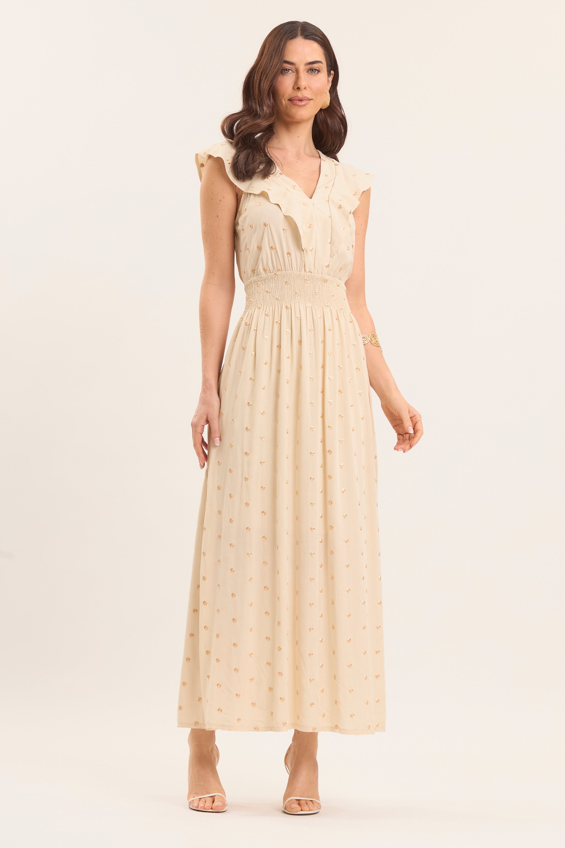 Vestido Longo Celebration com Estampa de Poá Dourado