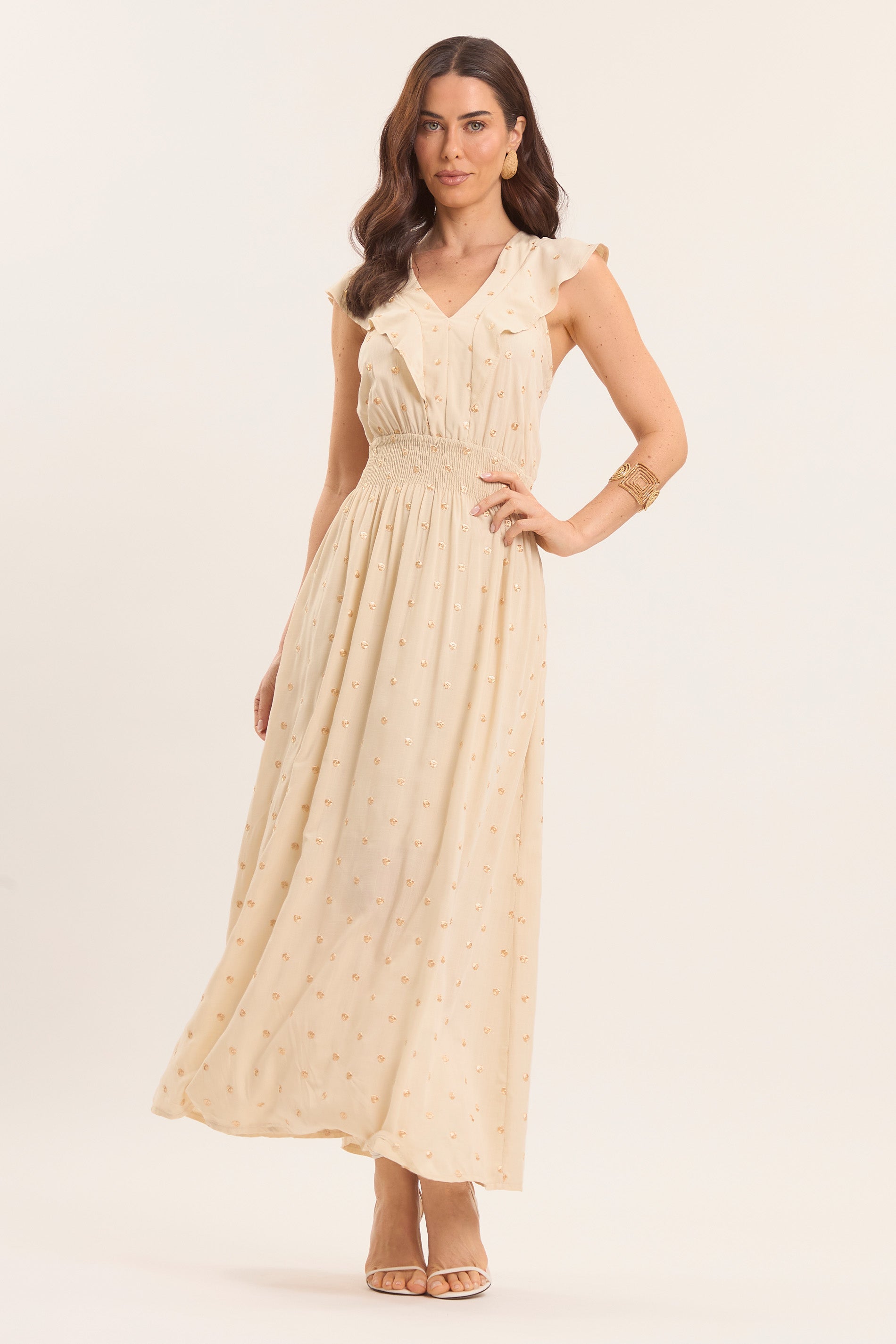 Vestido Longo Celebration com Estampa de Poá Dourado