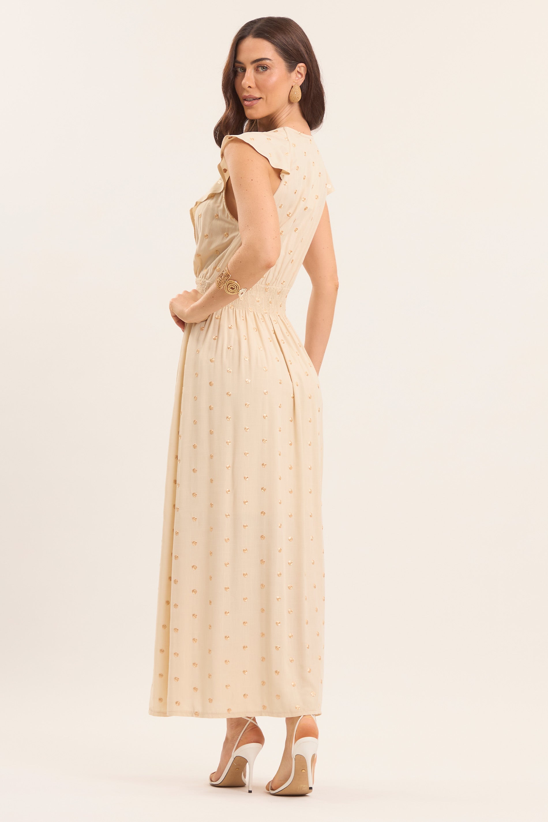 Vestido Longo Celebration com Estampa de Poá Dourado