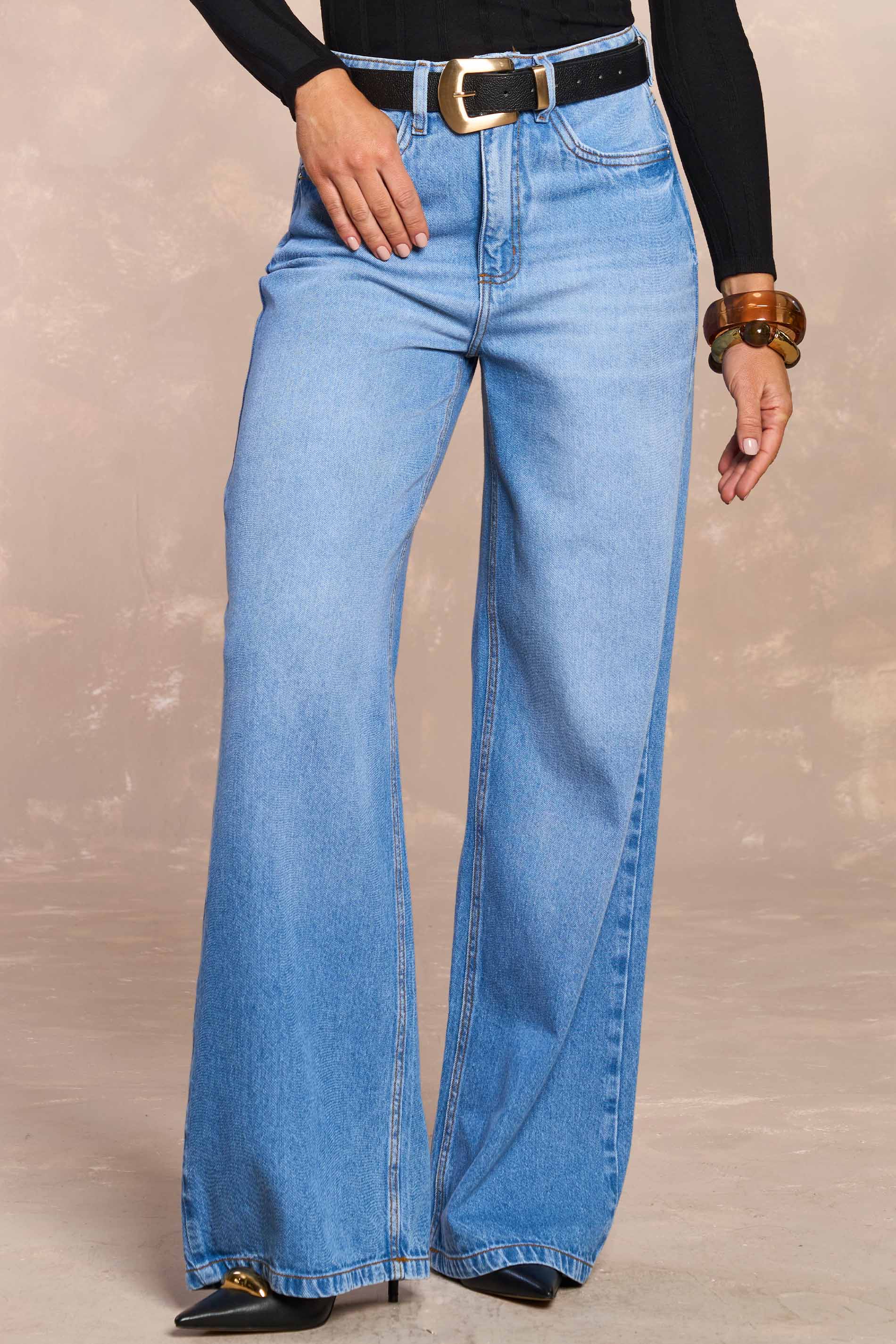 Calça Wide Leg Rosa Jardim Boho em Denim