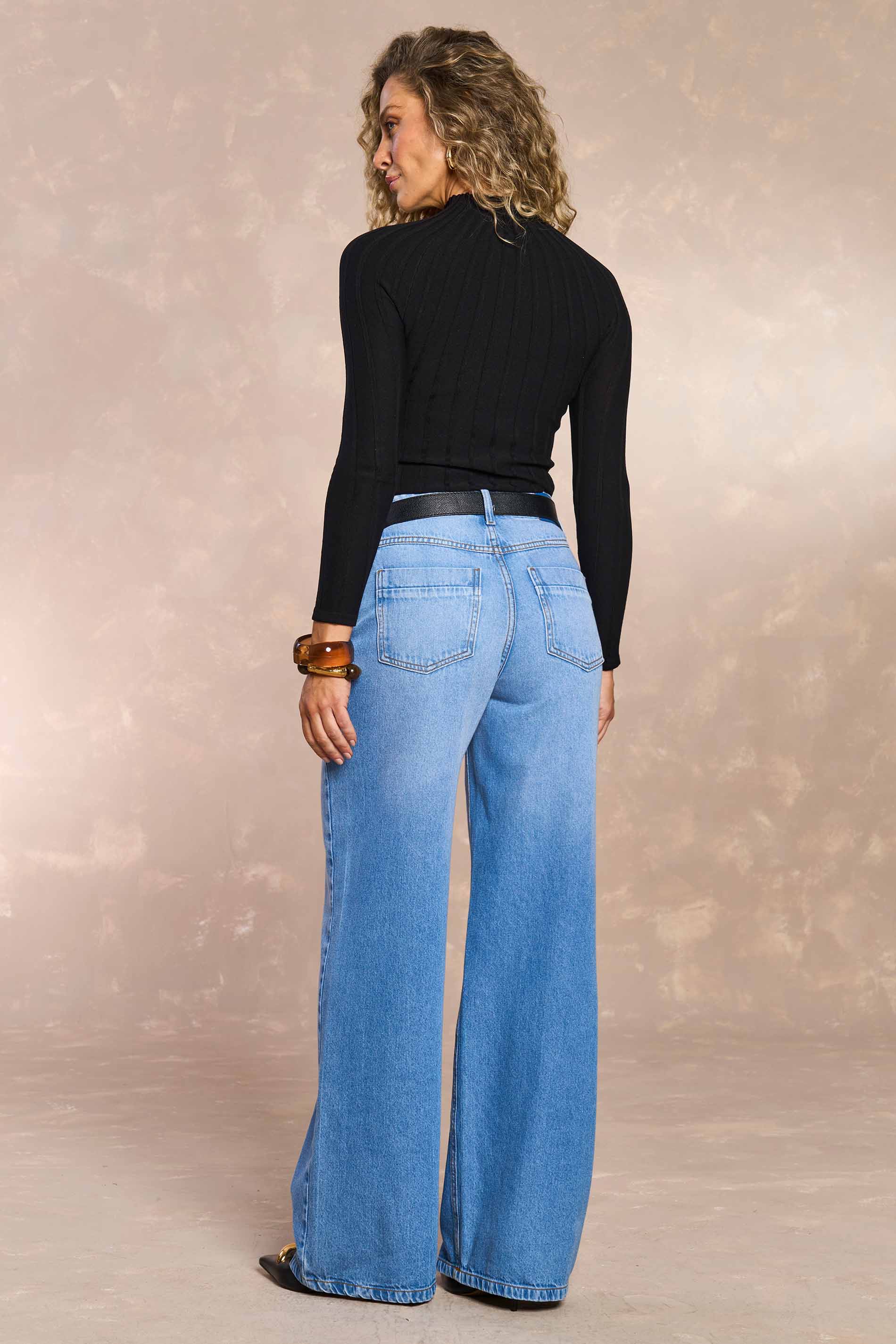 Calça Wide Leg Rosa Jardim Boho em Denim