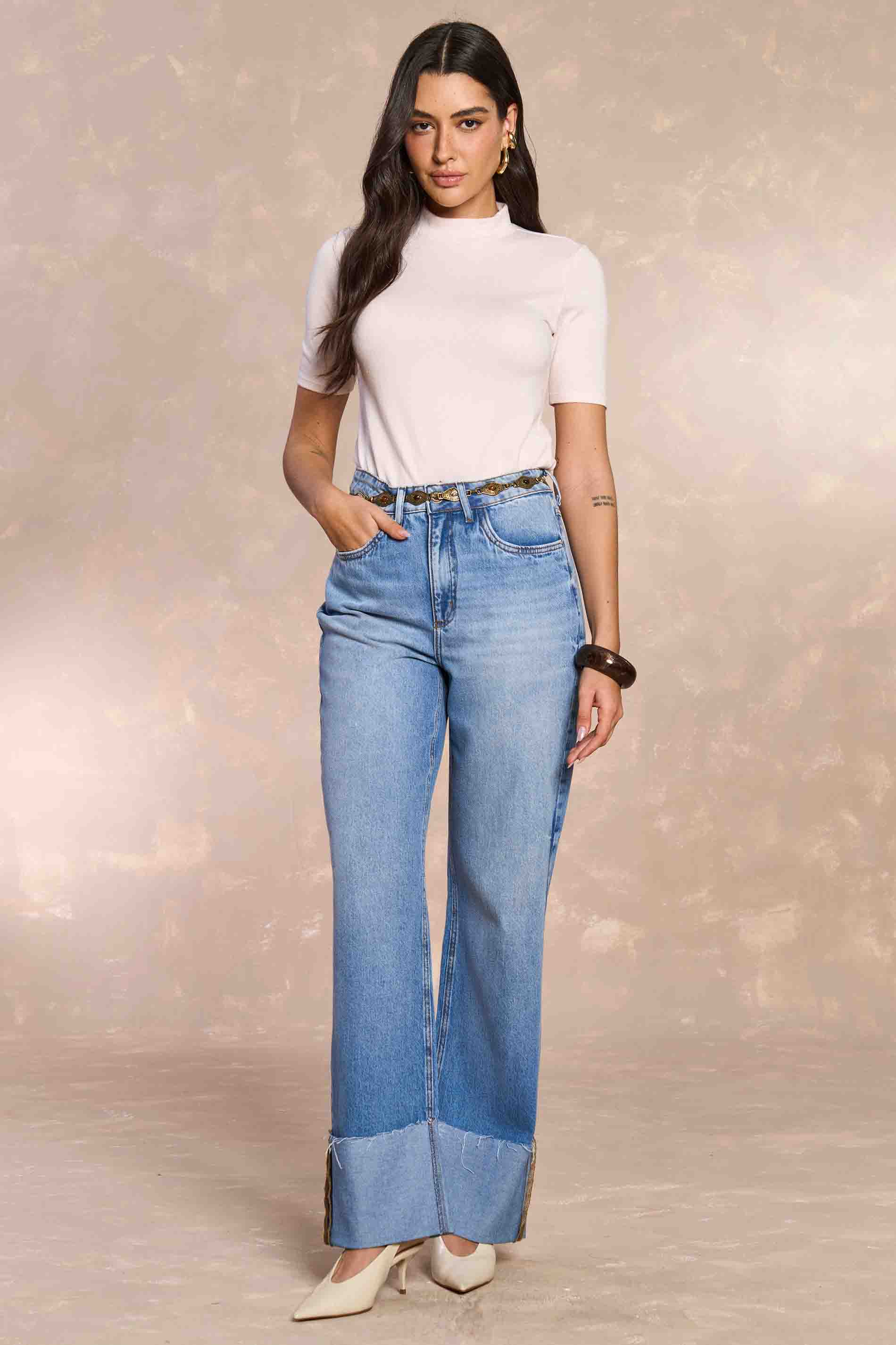 Calça Reta Peônia Tropical Gardem em Denim