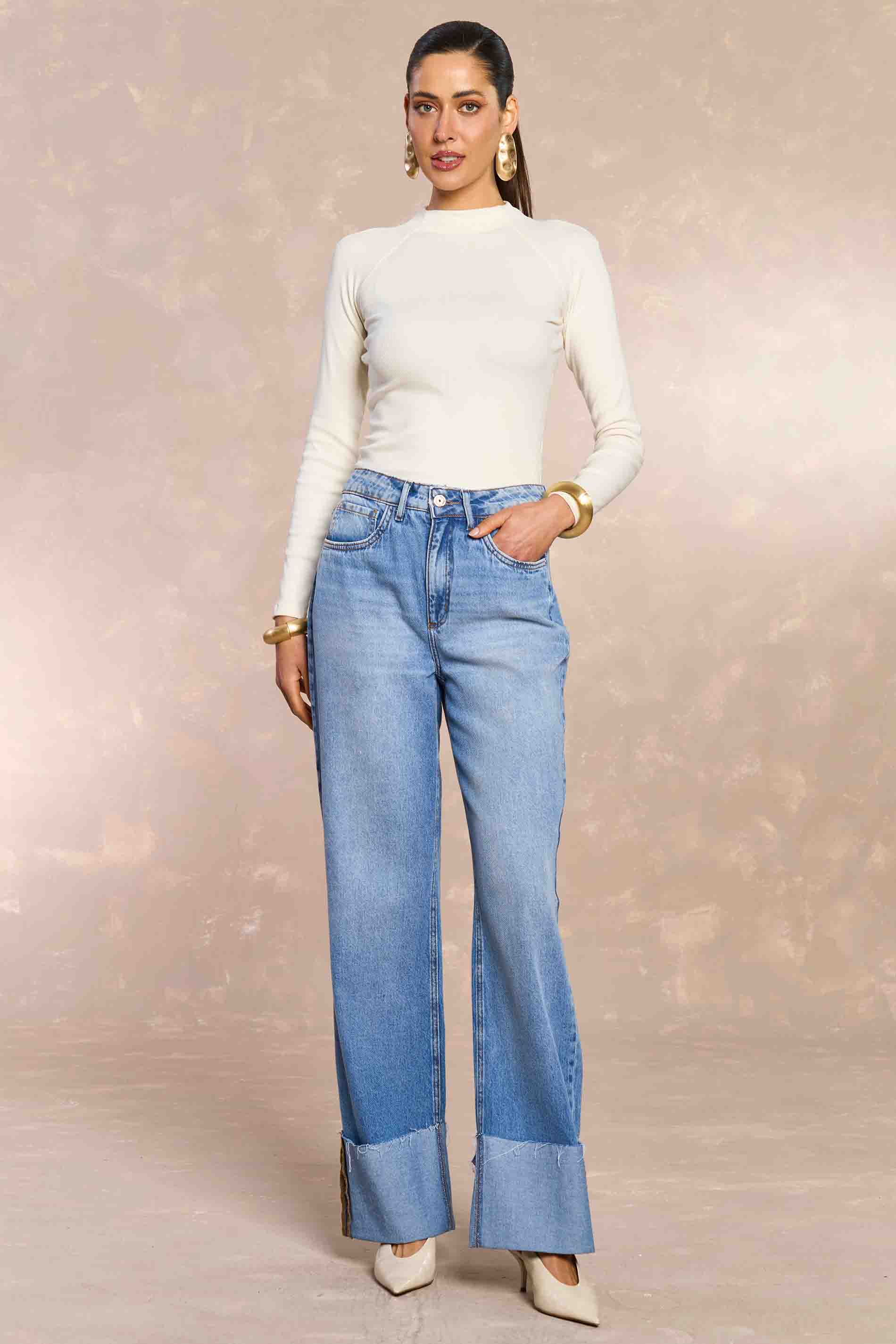 Calça Reta Peônia Tropical Gardem em Denim