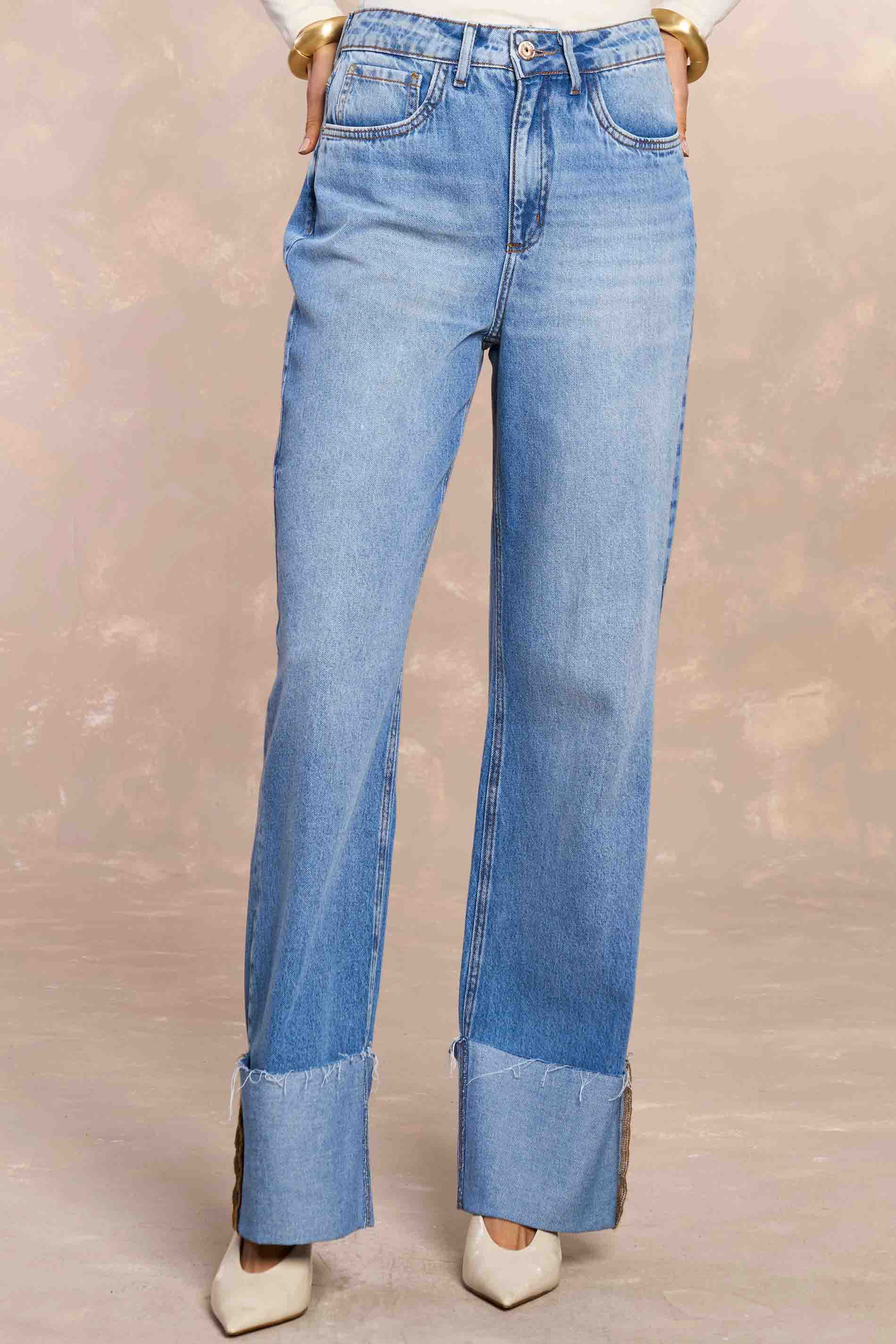Calça Reta Peônia Tropical Gardem em Denim