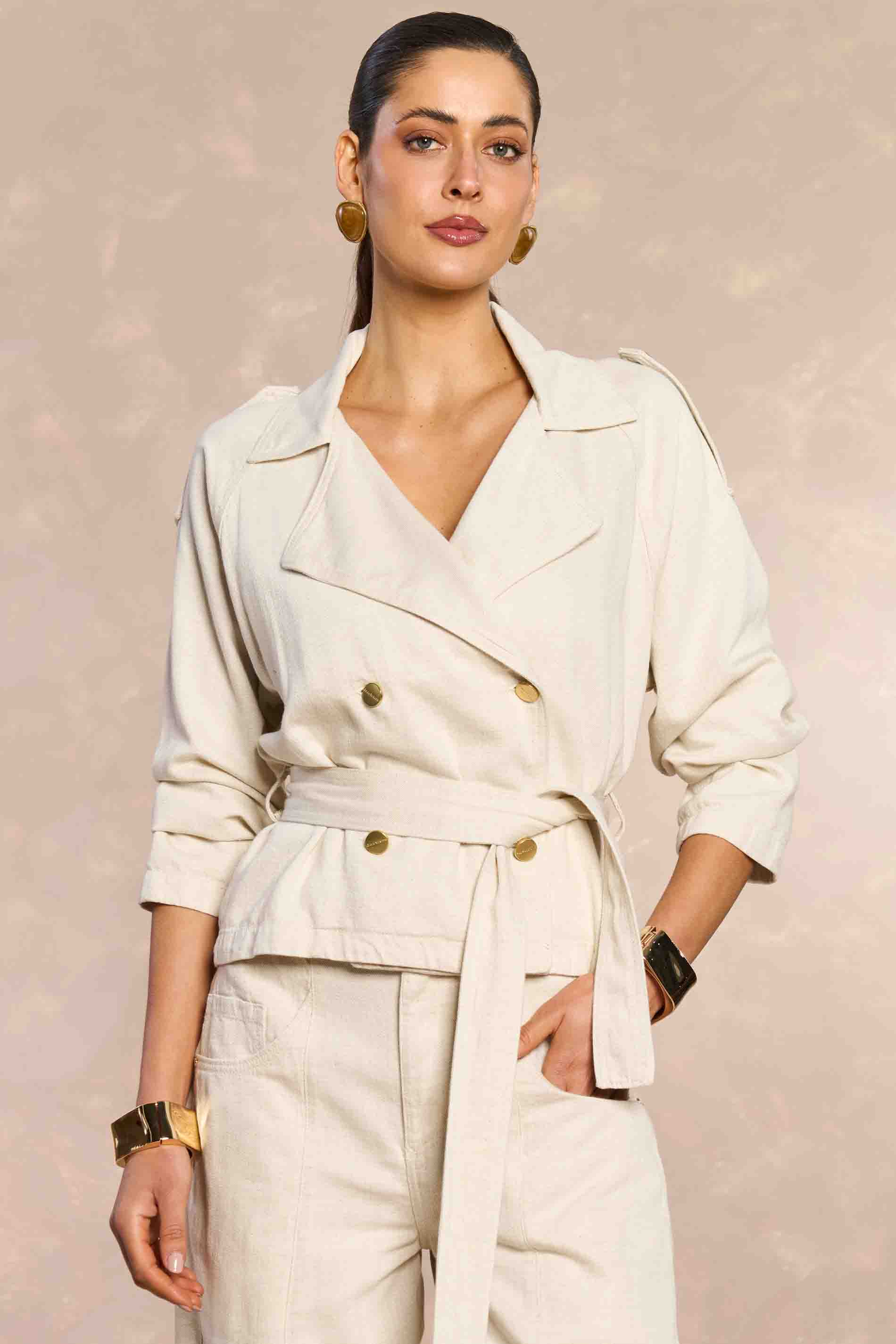 Trench Coat Soft Garden em Sarja Linho
