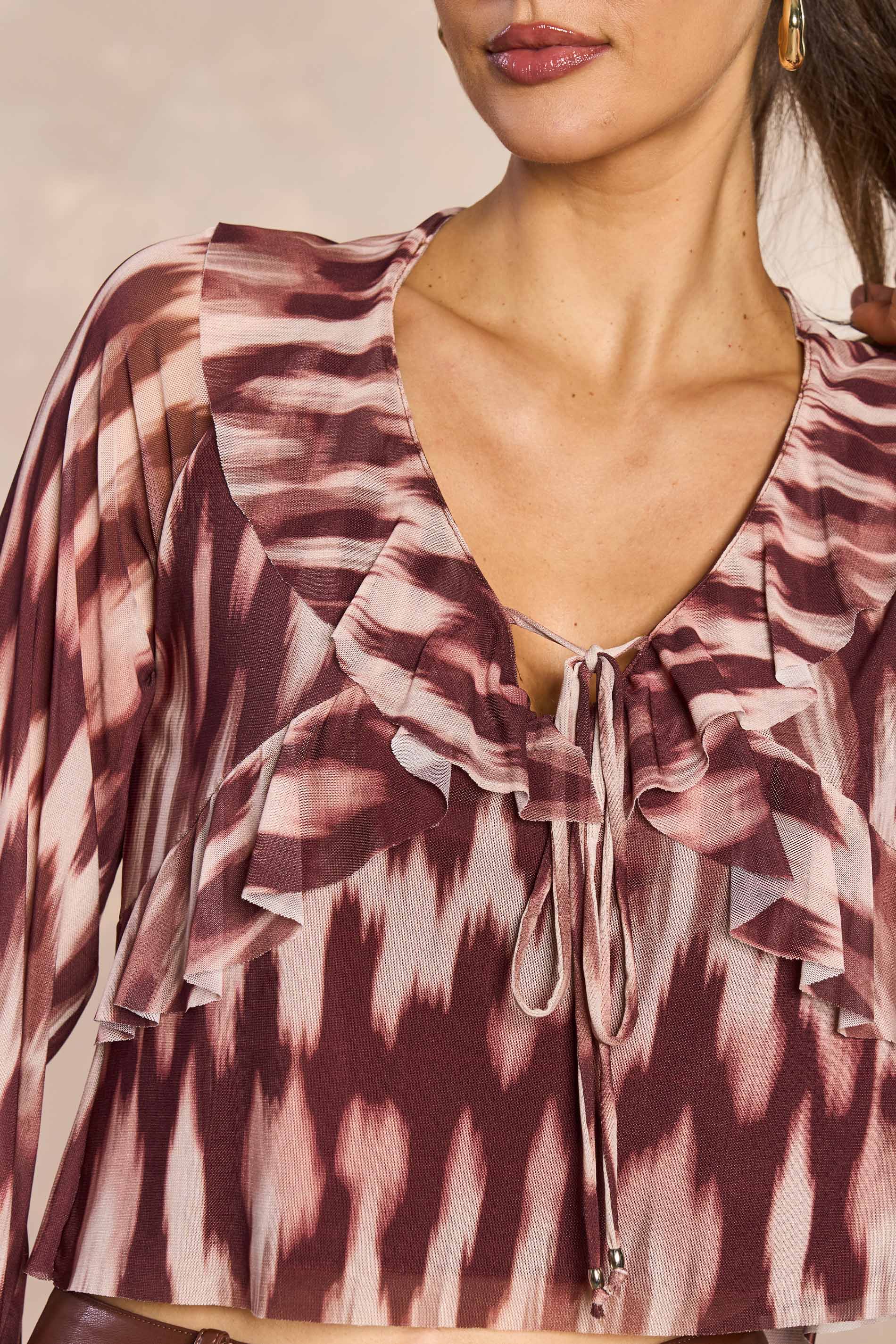 Blusa de Manga Longa Ethnic Blur em Tule