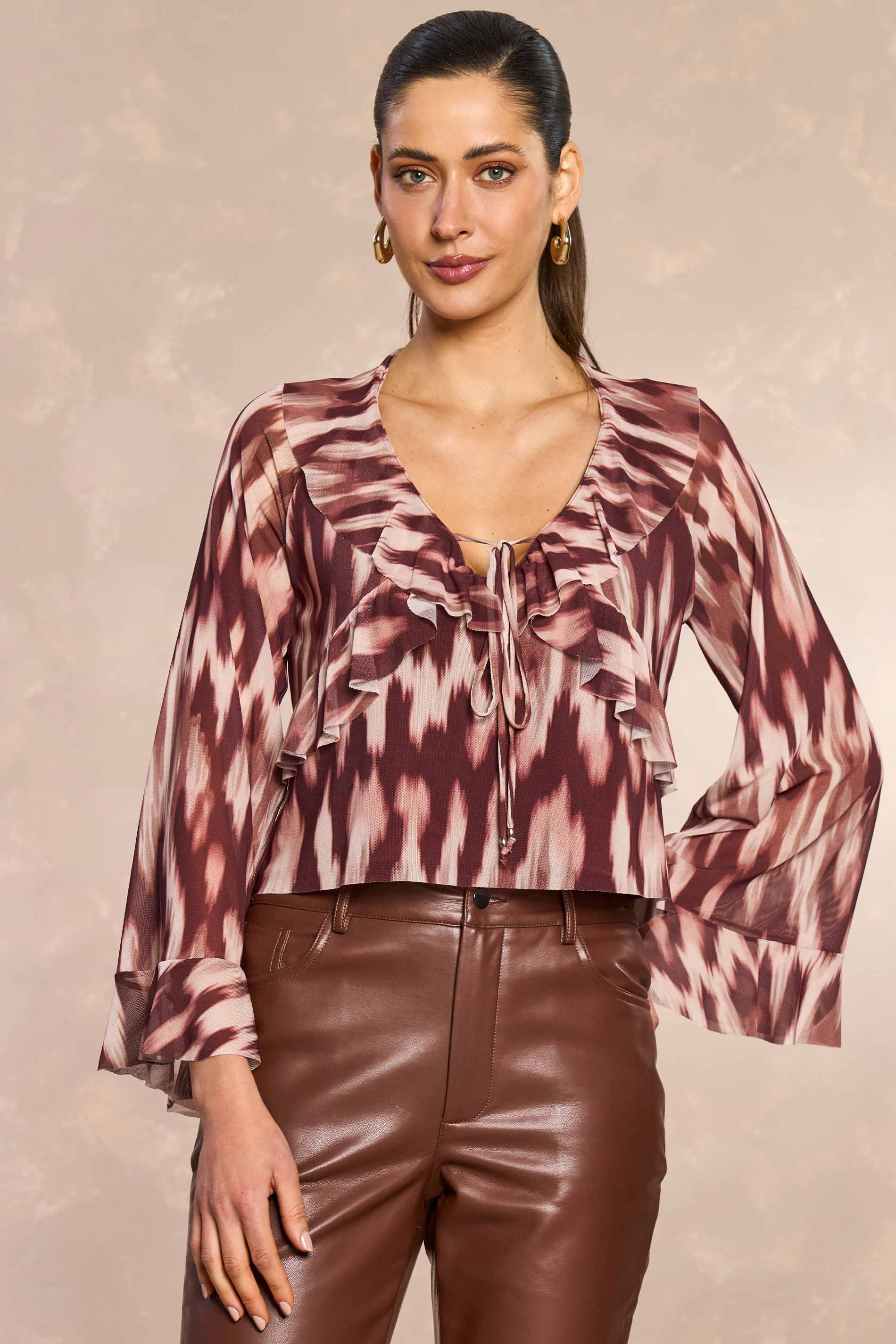 Blusa de Manga Longa Ethnic Blur em Tule