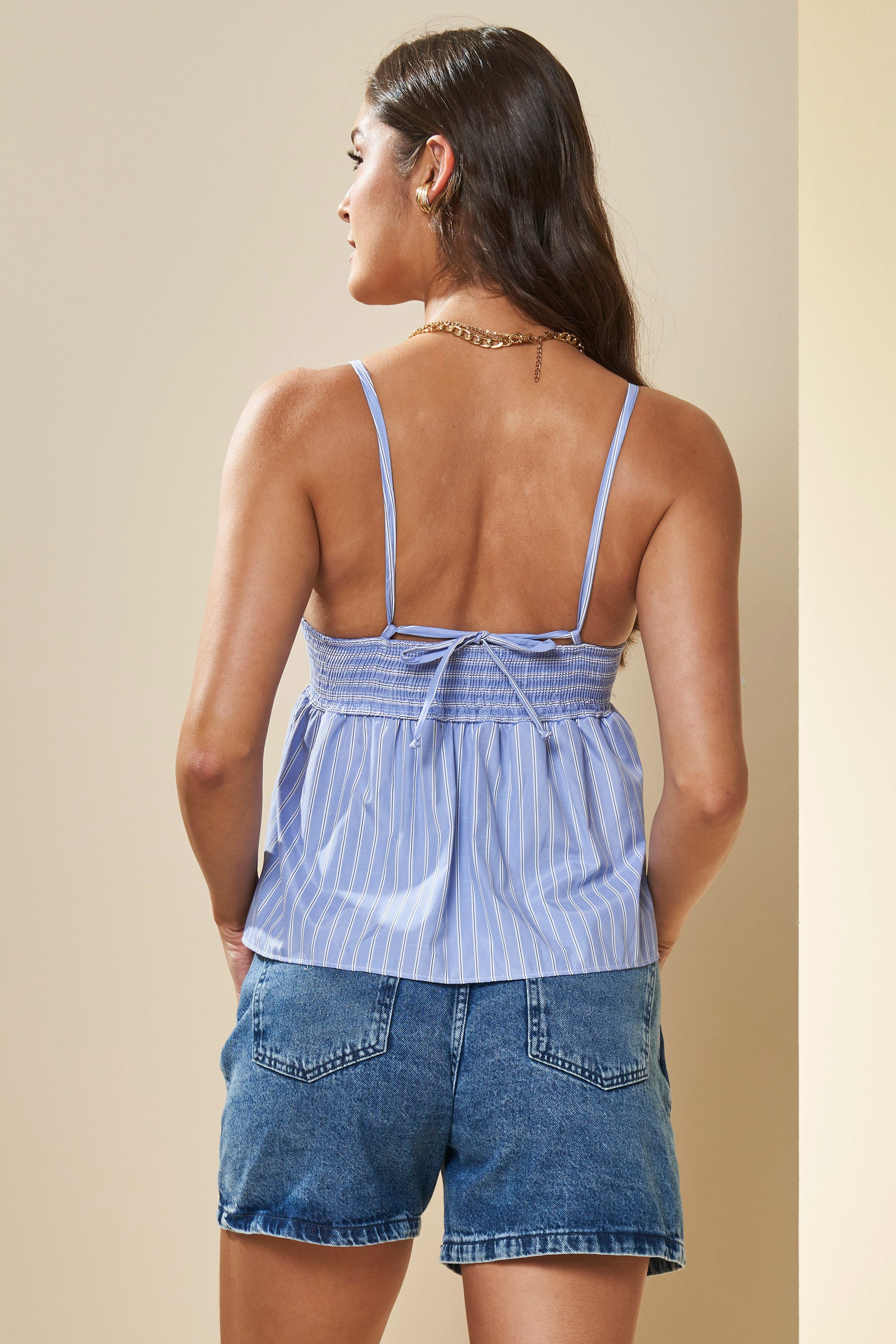 Blusa Peplum Listrada com Alças Finas