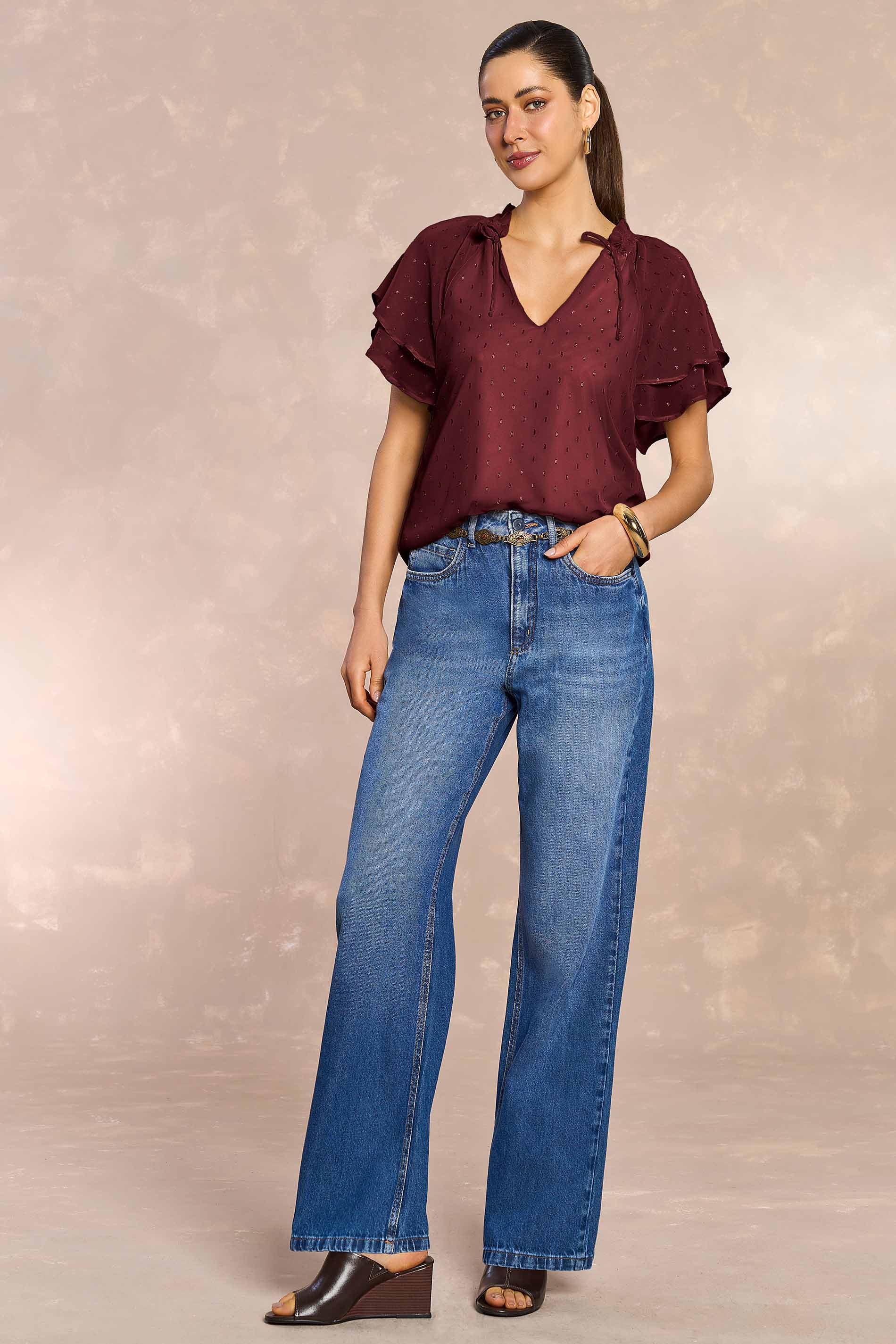 Blusa de Manga Curta Jardim Boho em Chiffon