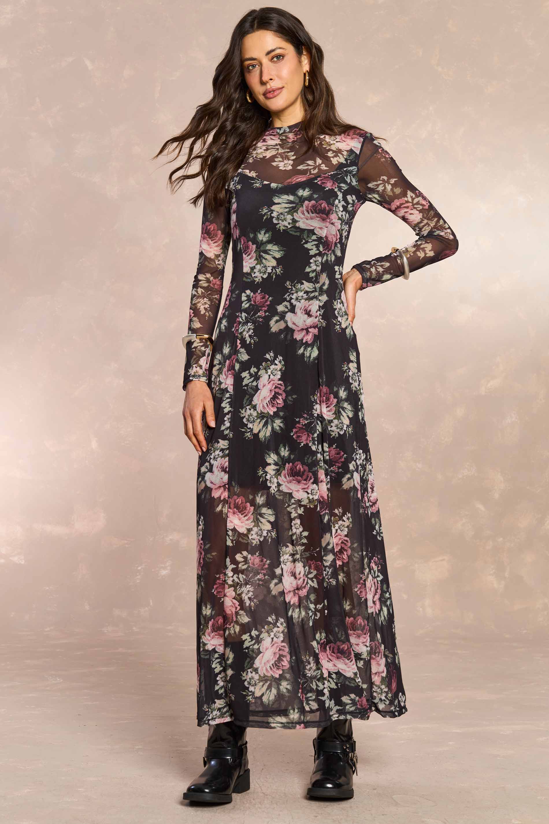 Vestido Longo Jardim Decor em Tule Estampado