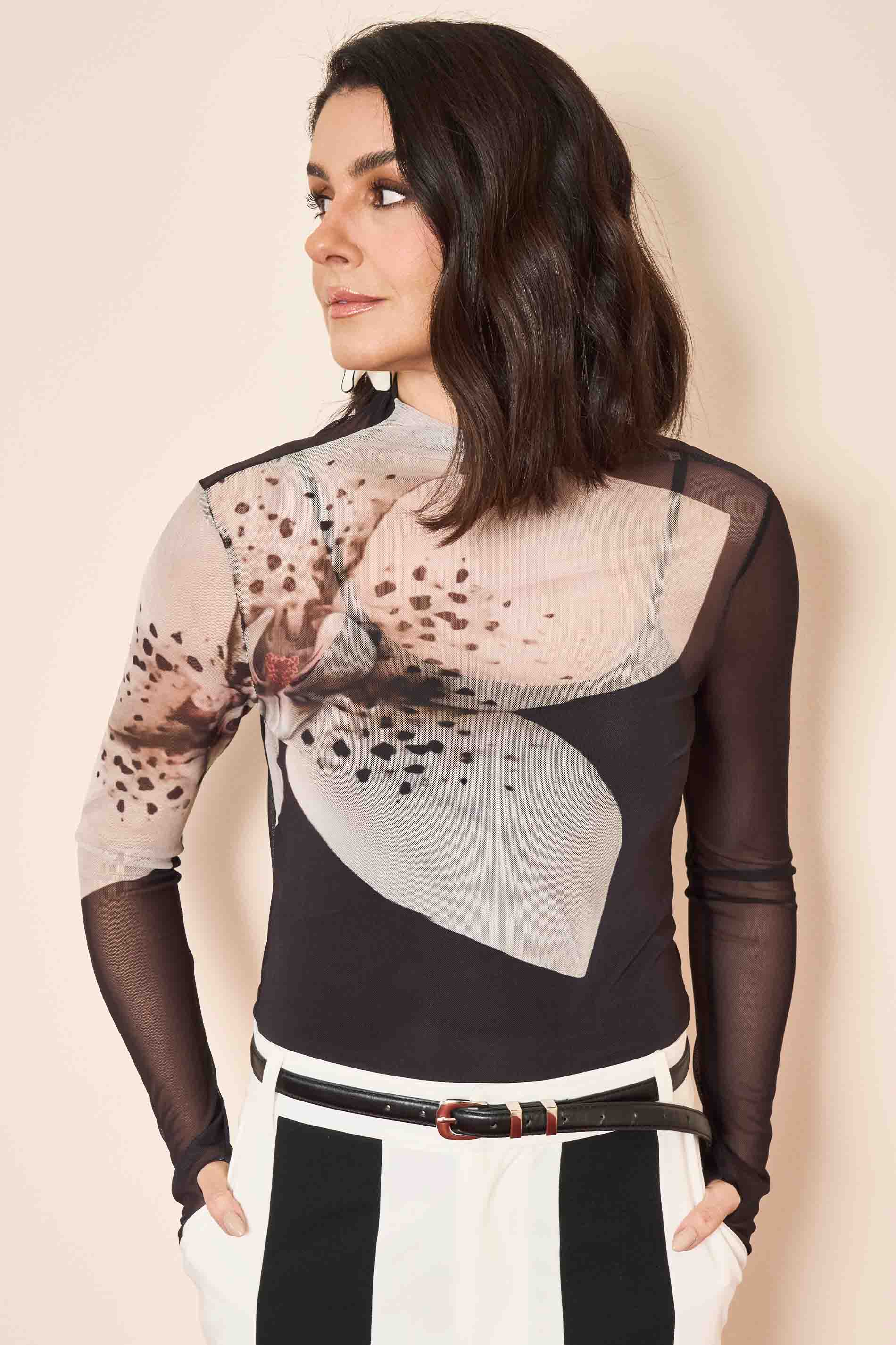 Blusa Wild Orchid de Manga Longa em Tule Estampado