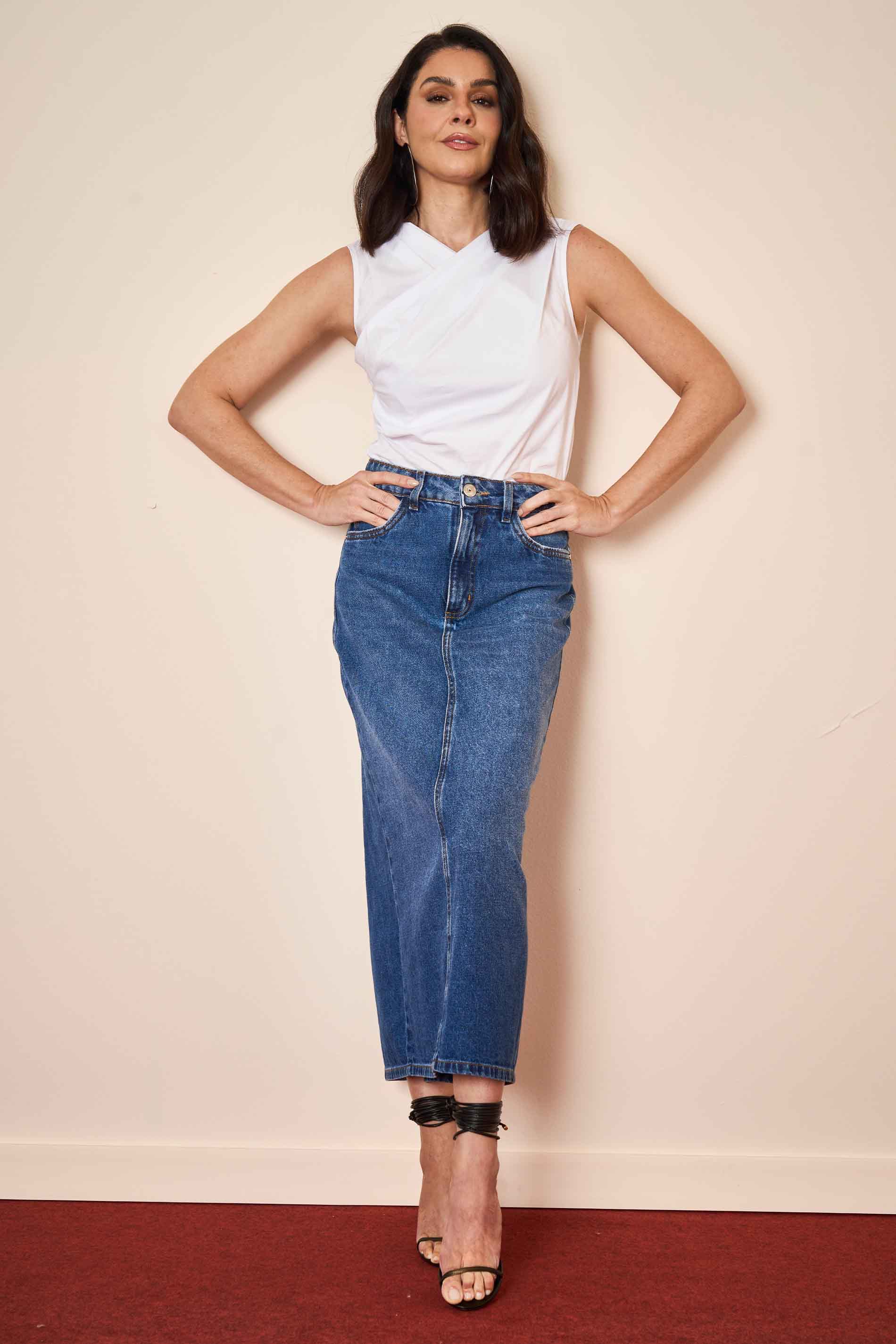 Saia Midi Wild Orchid em Denim