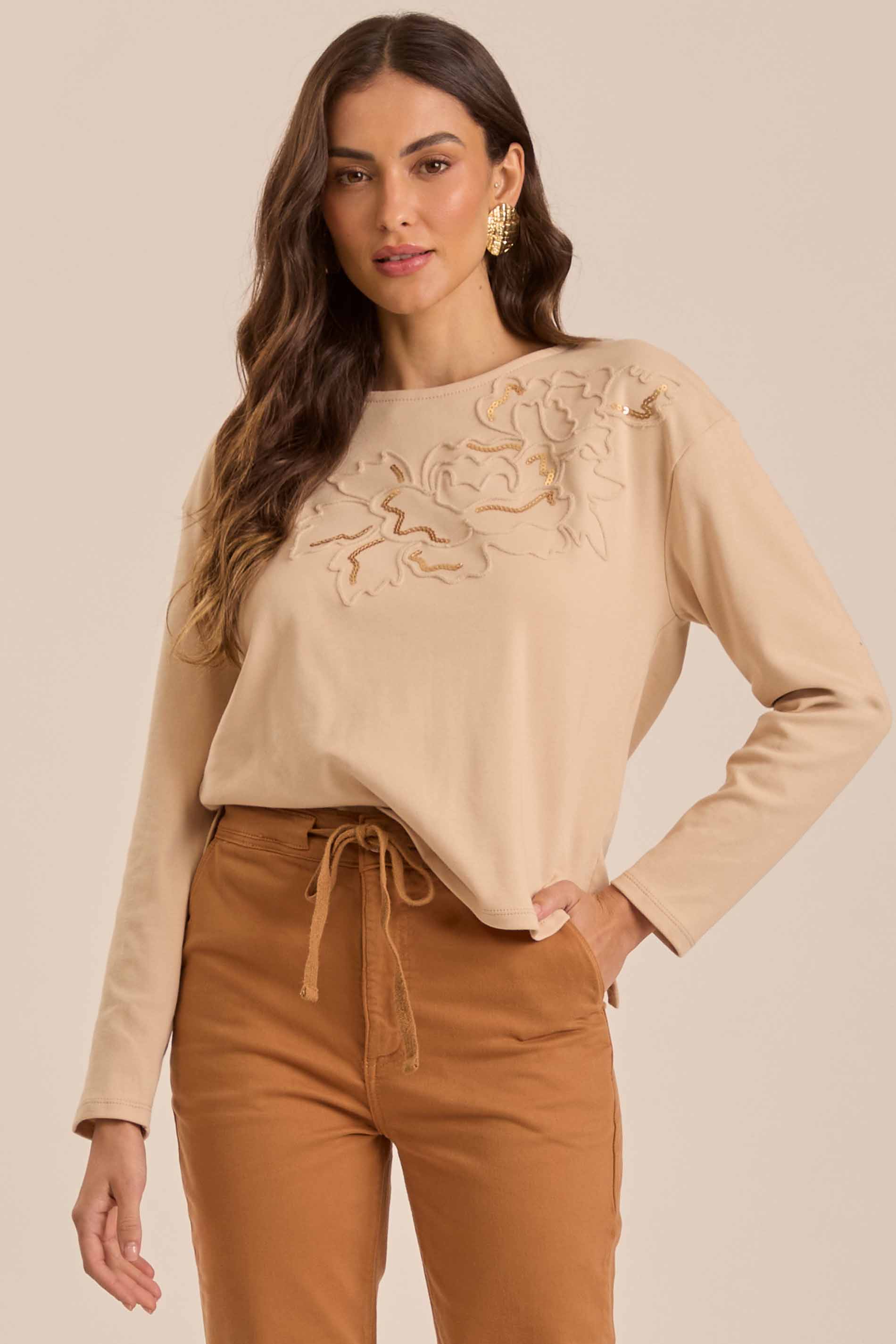 Blusa Manga Longa Retrô Glam em Malha Suedine