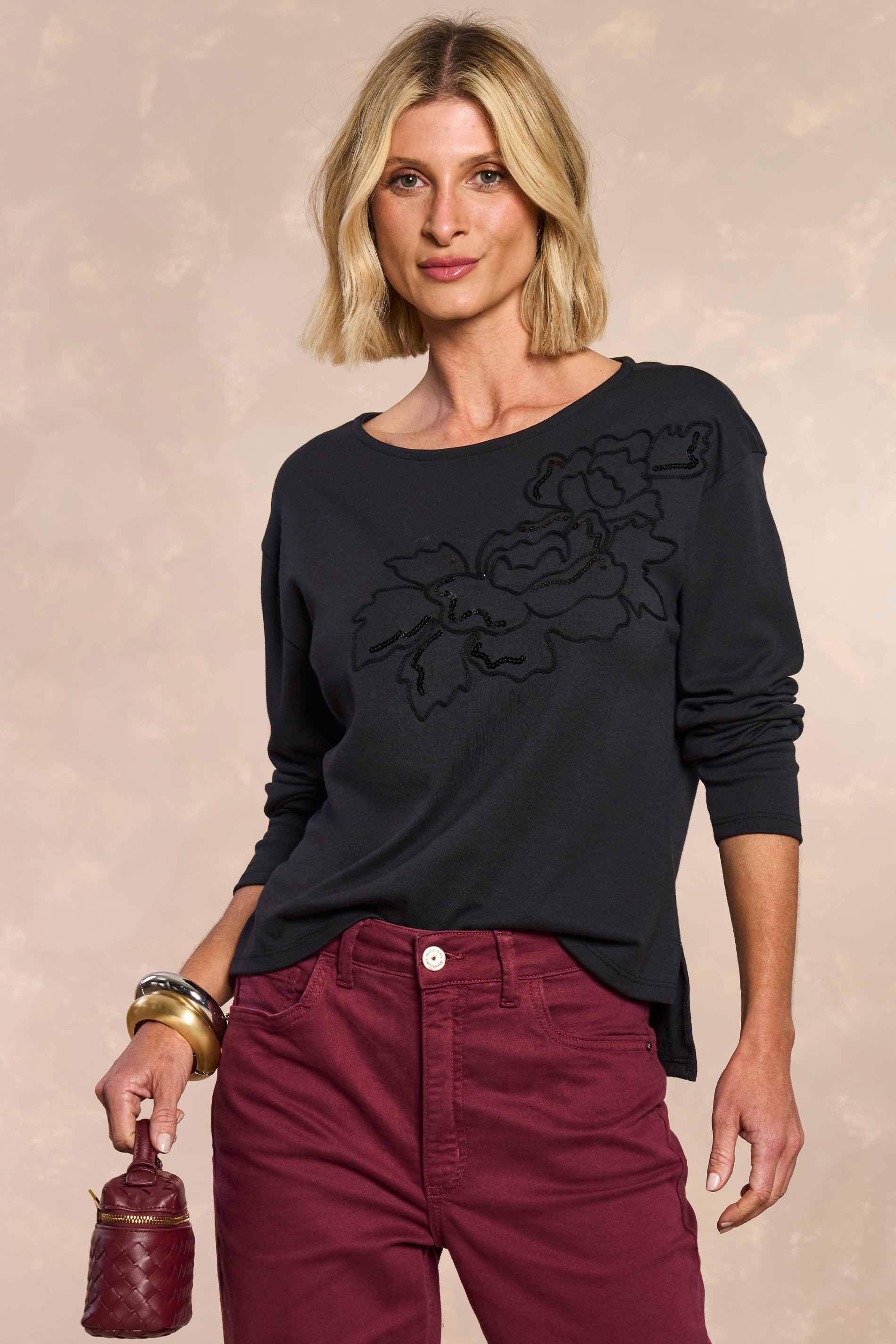 Blusa Manga Longa Retrô Glam em Malha Suedine