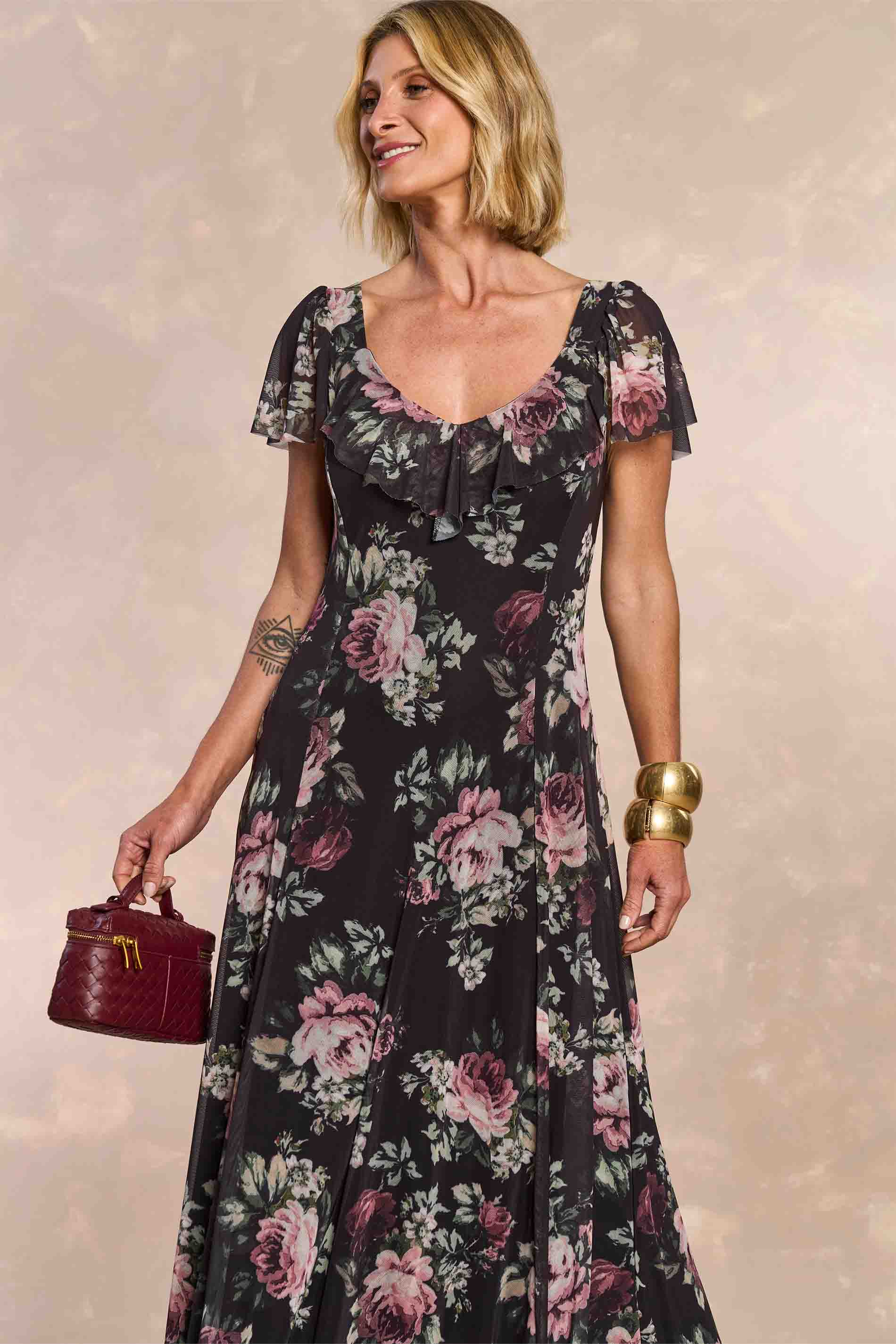 Vestido Longo Aquarela Rose em Tule