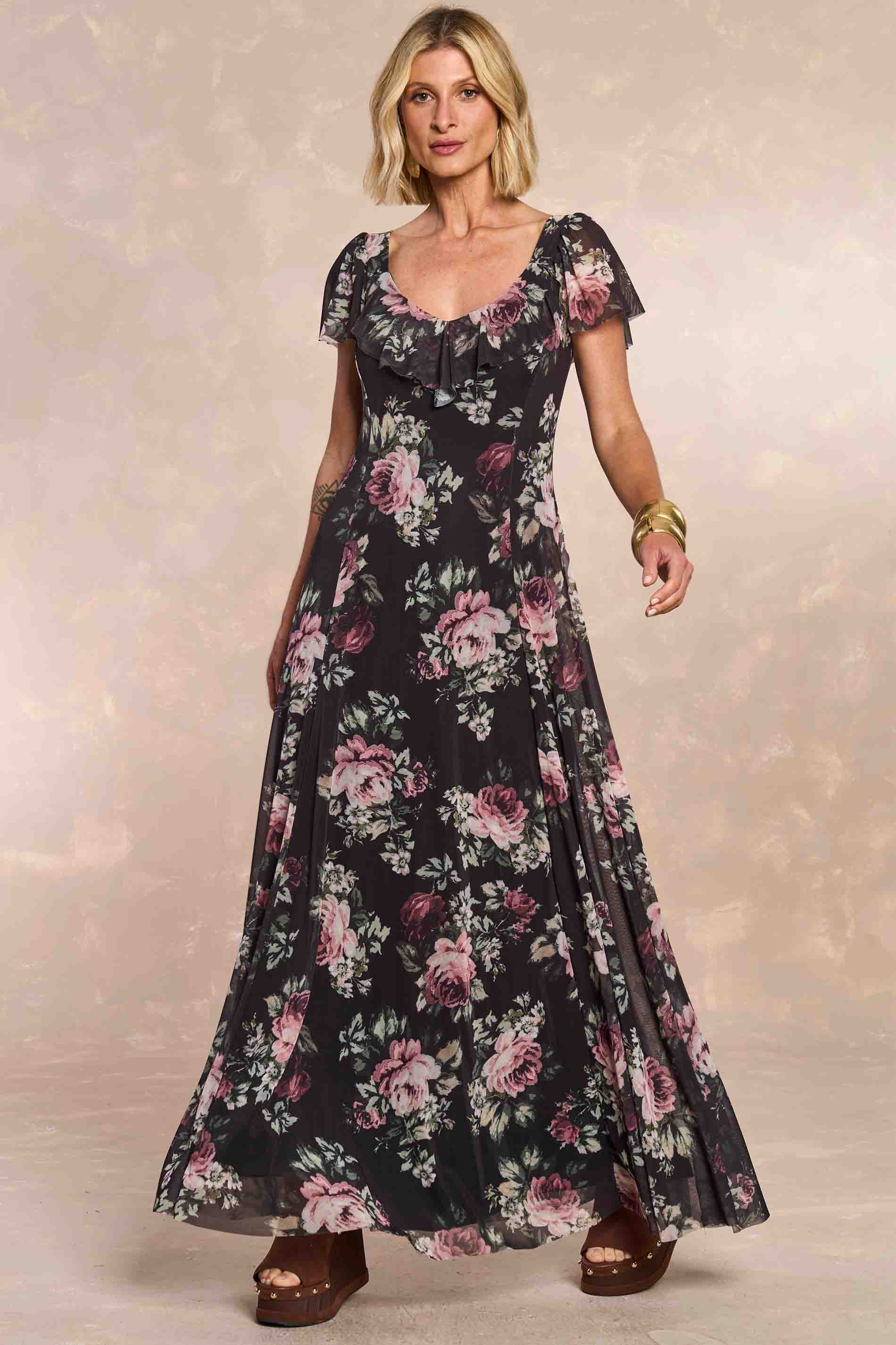 Vestido Longo Aquarela Rose em Tule