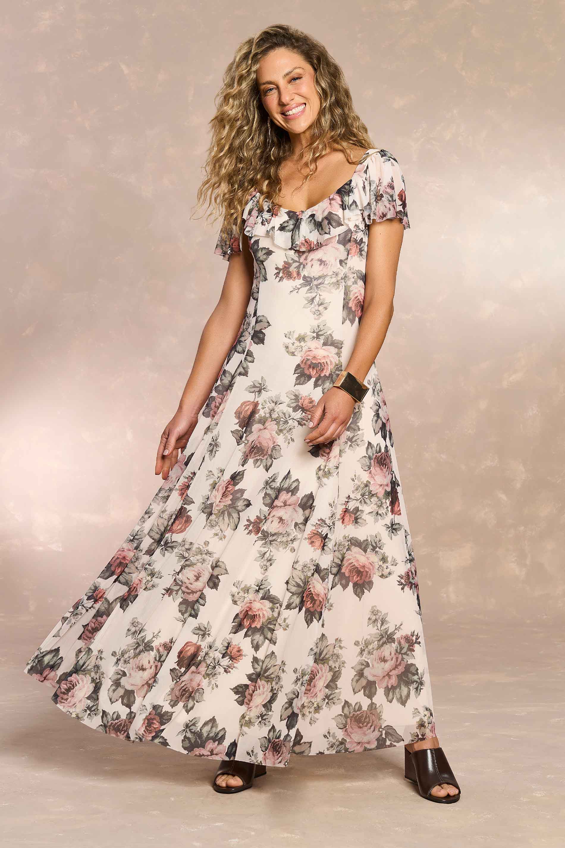 Vestido Longo Aquarela Rose em Tule