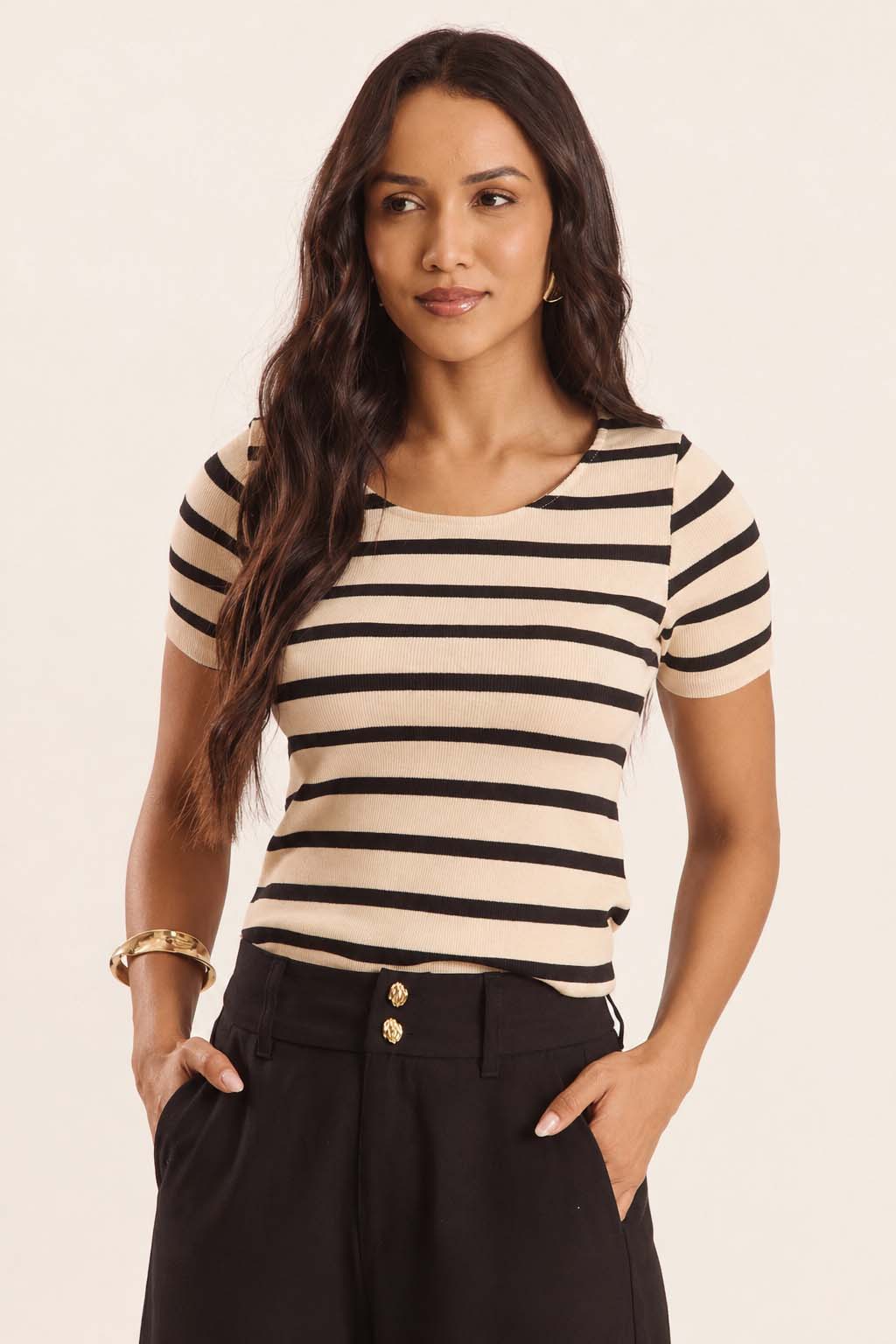 Blusa Manga Curta Canelada Listrada Duna - Doce Trama