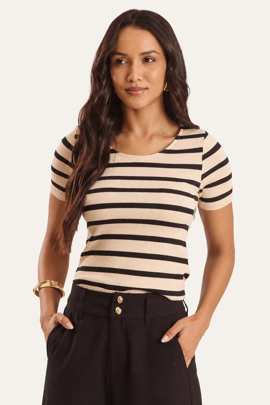 Blusa Manga Curta Canelada Listrada Duna - Doce Trama