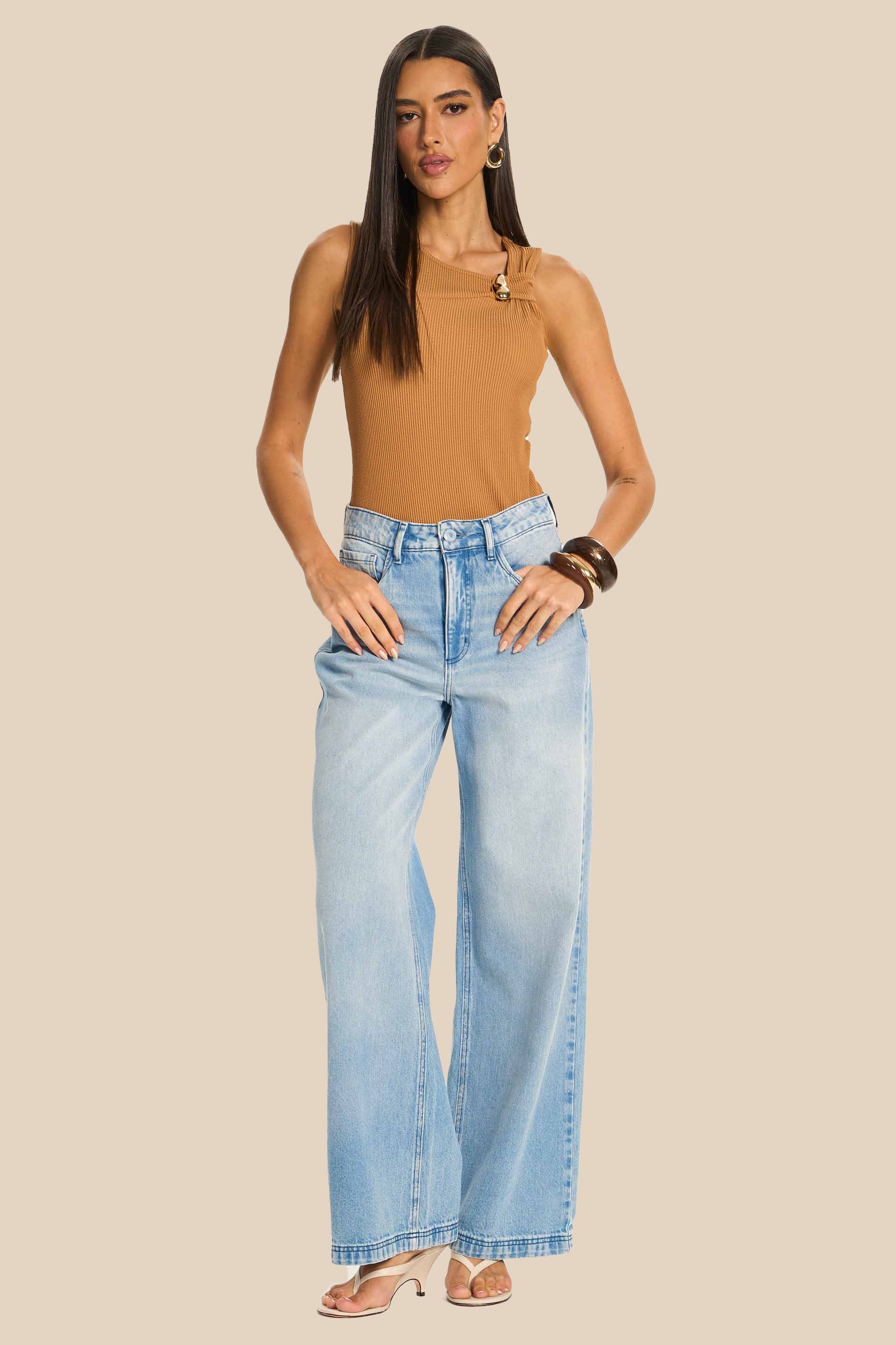 Calça Wide Leg Jeans Claro Cintura Alta Rosa - Doce Trama